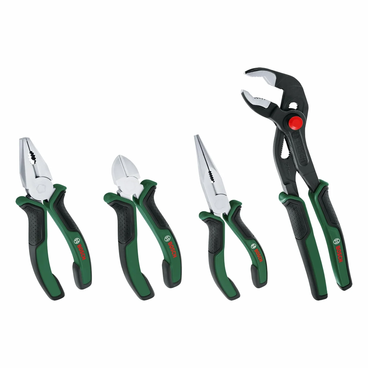 Bosch 4-częściowy zestaw szczypiec (4 pary, szczypce boczne, kombinerki, szczypce długie, klucz nastawny, ergonomiczne uchwyty z miękką okładziną Softgrip, niklowana powierzchnia)