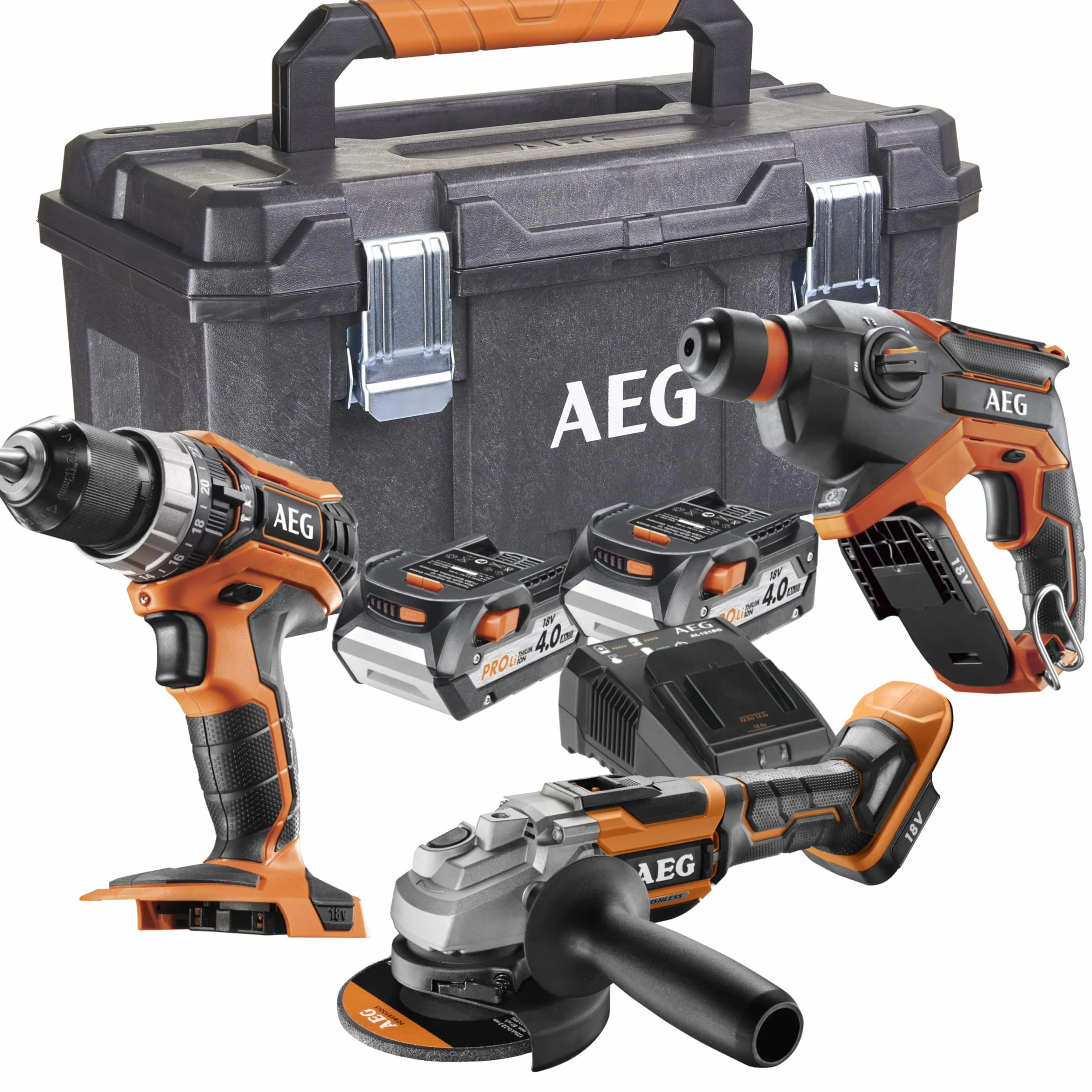 AEG - Pakiet 3 narzędzi: Wiertarka udarowa 18V, bezszczotkowy dziurkacz 18V, szlifierka 125 mm bezszczotkowa 18V, 2 baterie 4,0 Ah, skrzynka - JP18L3-402TB