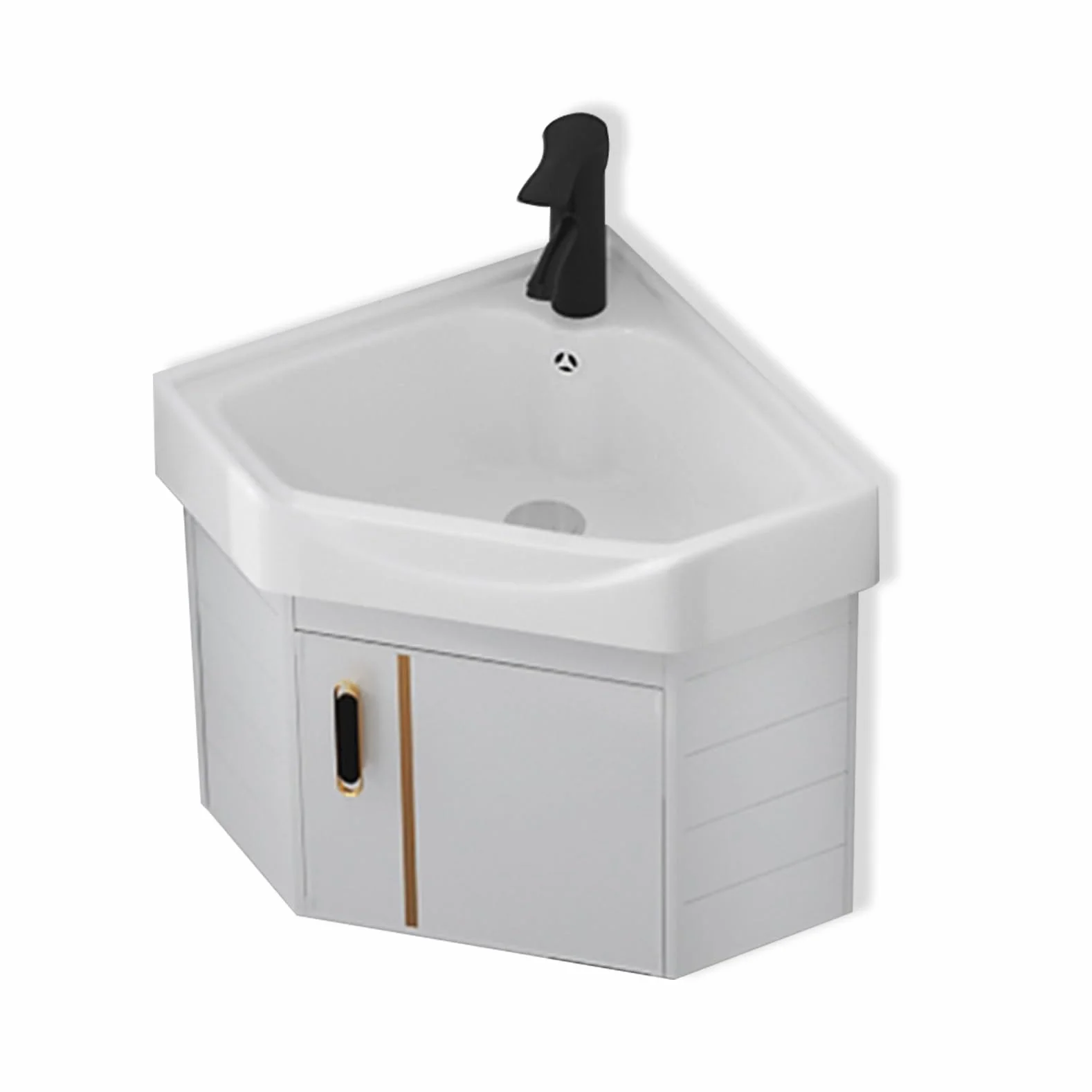 Zlew narożny do montażu na ścianie - 42 cm ceramiczny zlew na cokole z kranem i odpływem oszczędzający miejsce pływająca szafka łazienkowa do małych przestrzeni nowoczesny design do