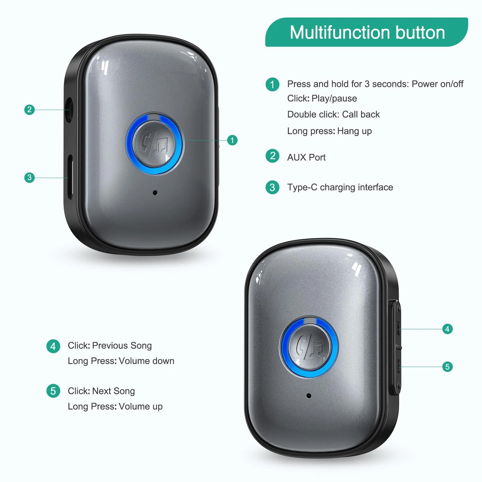 ORIA Odbiornik nadajnika Bluetooth 5.3, przenośny adapter audio AUX z redukcją szumów, plug and play, regulacja głośności, 3,5 mm odbiornik audio do samochodu/samolotu/słuchawek/głośnika
