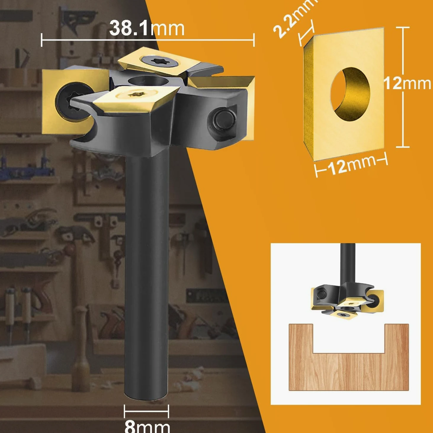 SpeTool Frez czołowy 12 mm trzonek górnowrzecionowy 45 mm średnica cięcia z powłoką ATS z 4 wymiennymi nożami z twardego metalu (12 mm x 12 mm x 2,2 mm) płytki dwustronne 2+2 frezy CNC