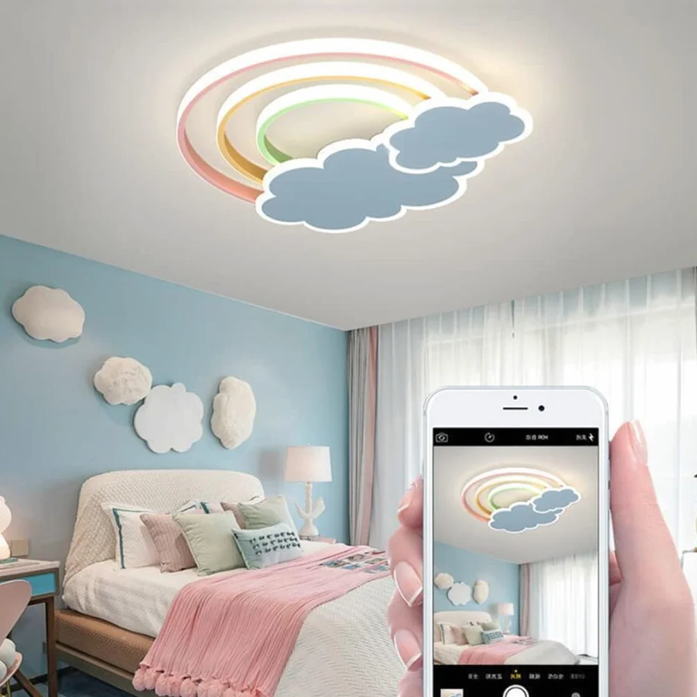 Lampa LED do pokoju dziecięcego nowoczesny design tęczy chmura ściemnialne lampy sufitowe 3000K-6500K Akrylowy żyrandol sufitowy chłopiec dziewczyna sypialnia salon oświetlenie sufitowe, różowy