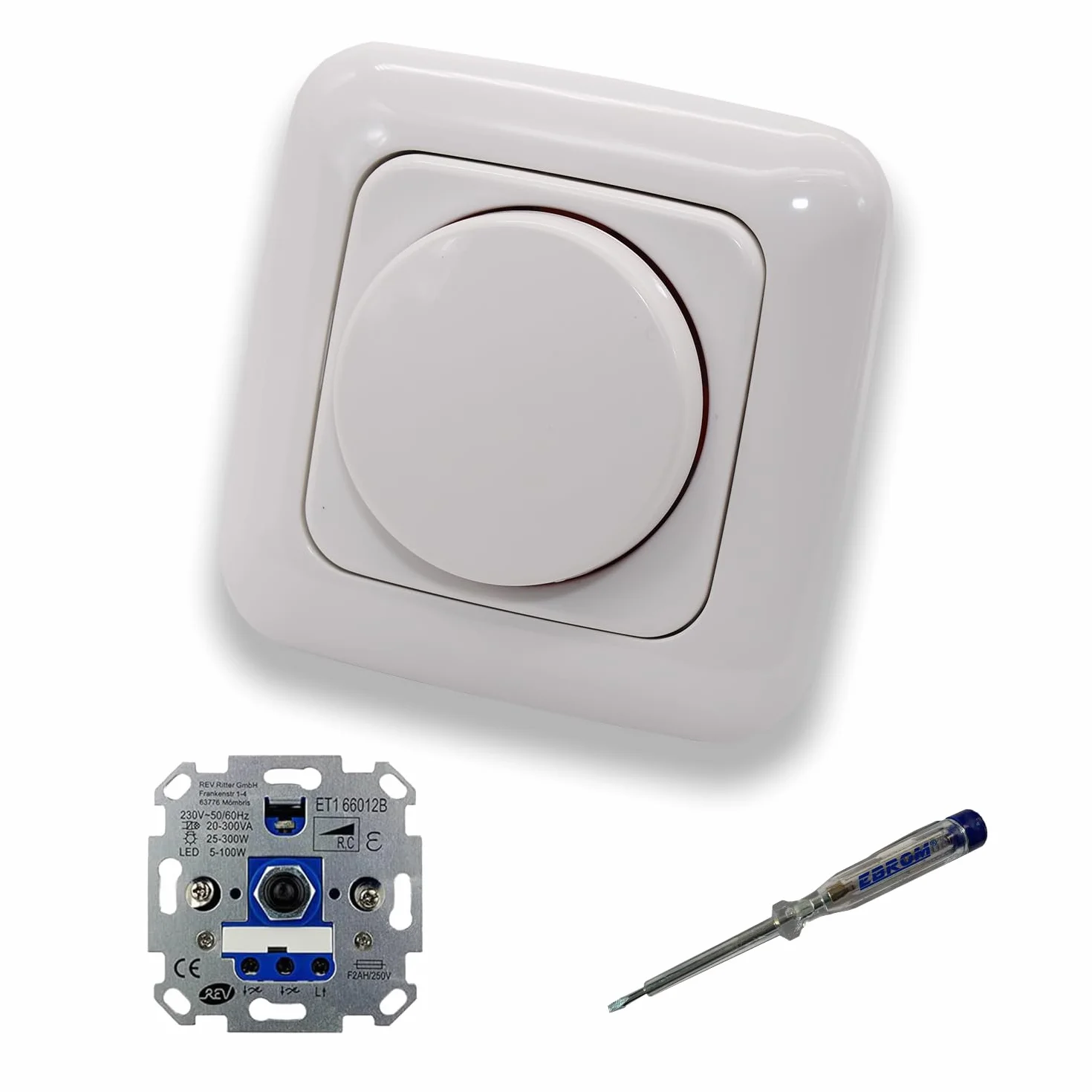 REV Ritter LED ściemniacz obrotowy LED ściemniacz z tarczą ściemniacza Busch Jäger płyta centralna 2115-214 pojedyncza rama Reflex Si biel alpejska błyszcząca łącznie z próbnikiem faz EBROM do montażu