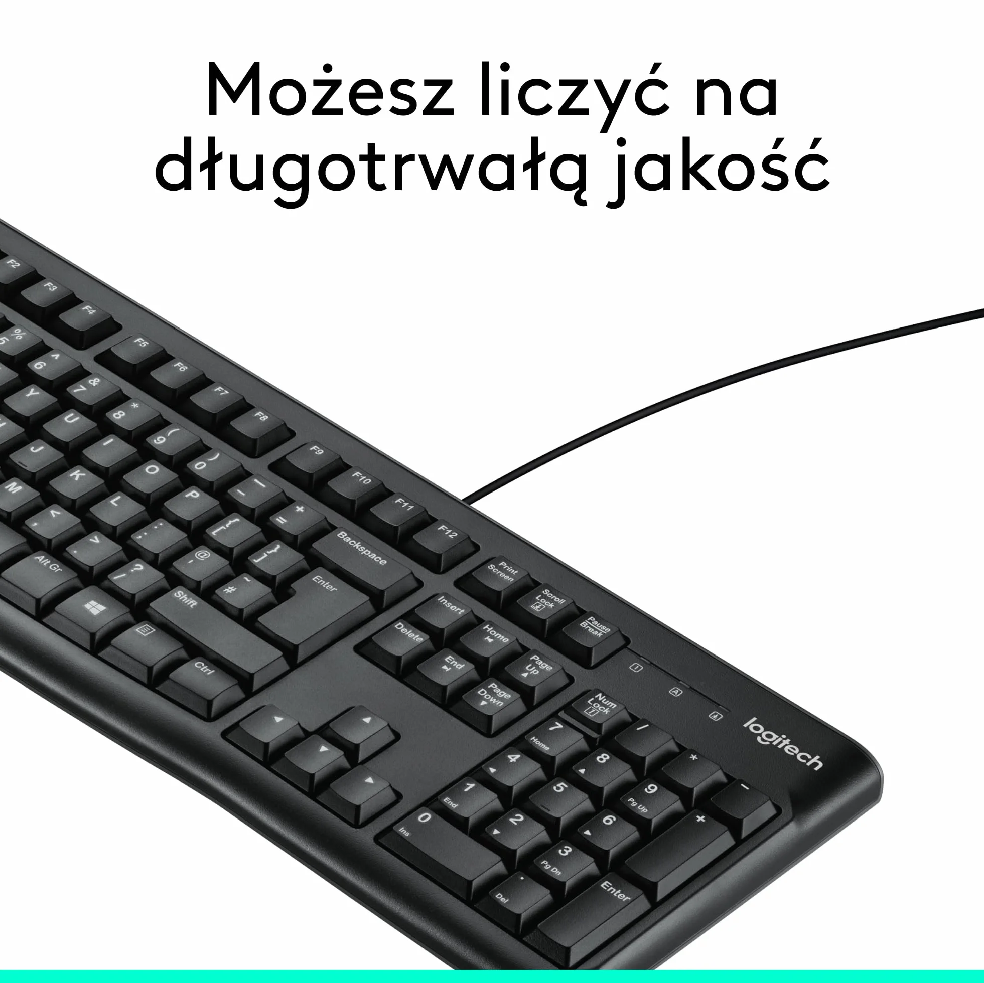 Logitech K120 Klawiatura Przewodowa dla systemu Windows, USB Plug-and-Play, pełnowymiarowa, odporna na zalanie, zakrzywiona spacja, zgodna z PC, laptopem, QWERTY układ US international - Czarny
