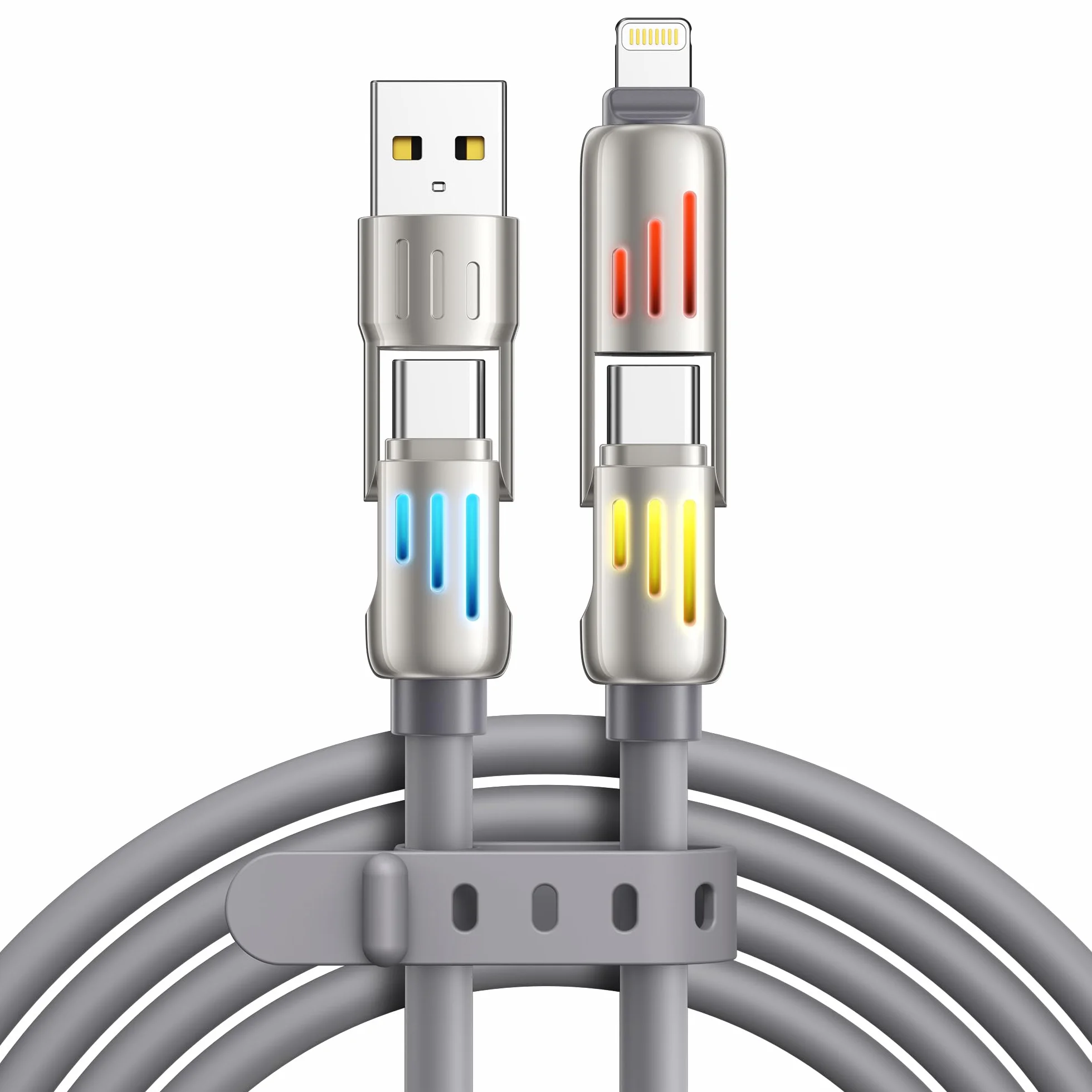 RAVIAD Multi kabel USB 4 w 1, uniwersalny kabel do ładowania [3M] 240 W, USB do szybkiego ładowania z oświetleniem RGB LED, USB C/USBA na Lightning, USBC/USBA na USBC do iPhone 16/15/14, Galaxy 24/23