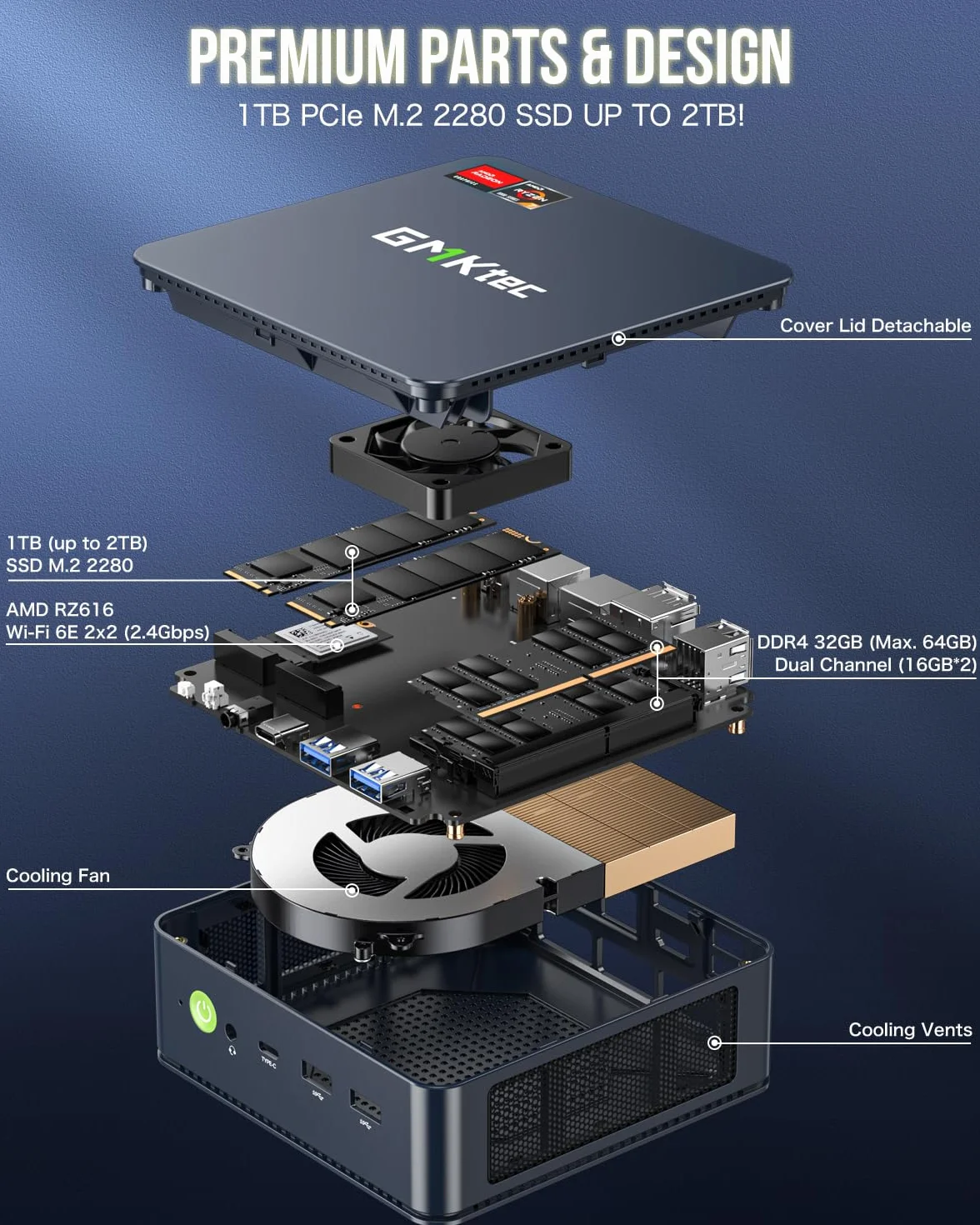 GMKtec Mini komputer 5825U, mikrokomputer biurkowy M5 Plus Dual LAN 2.5 G, AMD Ryzen 7 5825U (8 C/16 T4,50 GHz), 32 GB DDR4 RAM + 1TB PCIe-SSD, wi-fi 6E, USB 3.2, USB-C, BT 5.2, DP, HDMI