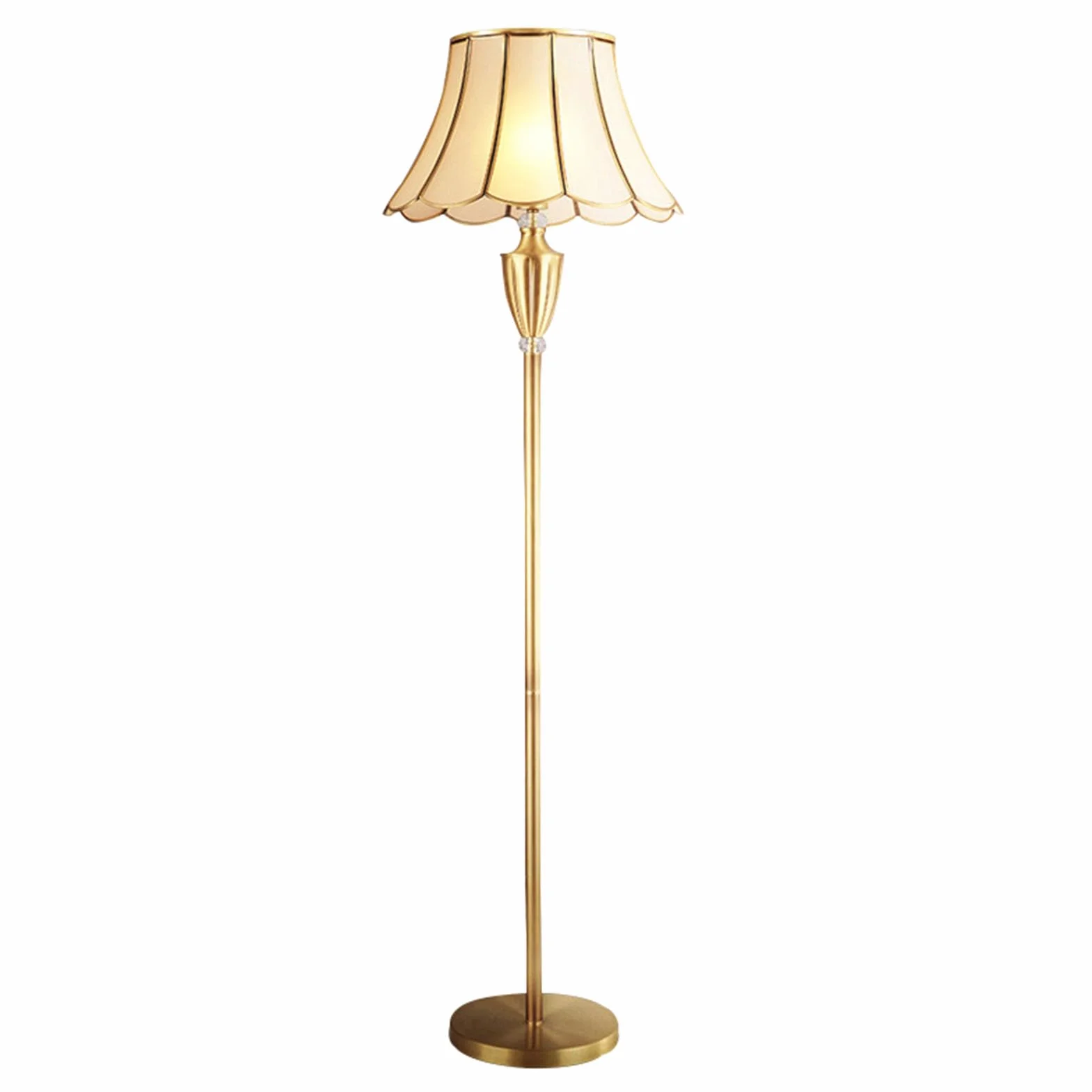 Lampa podłogowa, stojąca 145 cm wysokości, antyczny mosiądz, metalowa kolumna, złoty brąz, klosz dzwonka do salonu, czytelnia, sypialnia rodzinna, dom