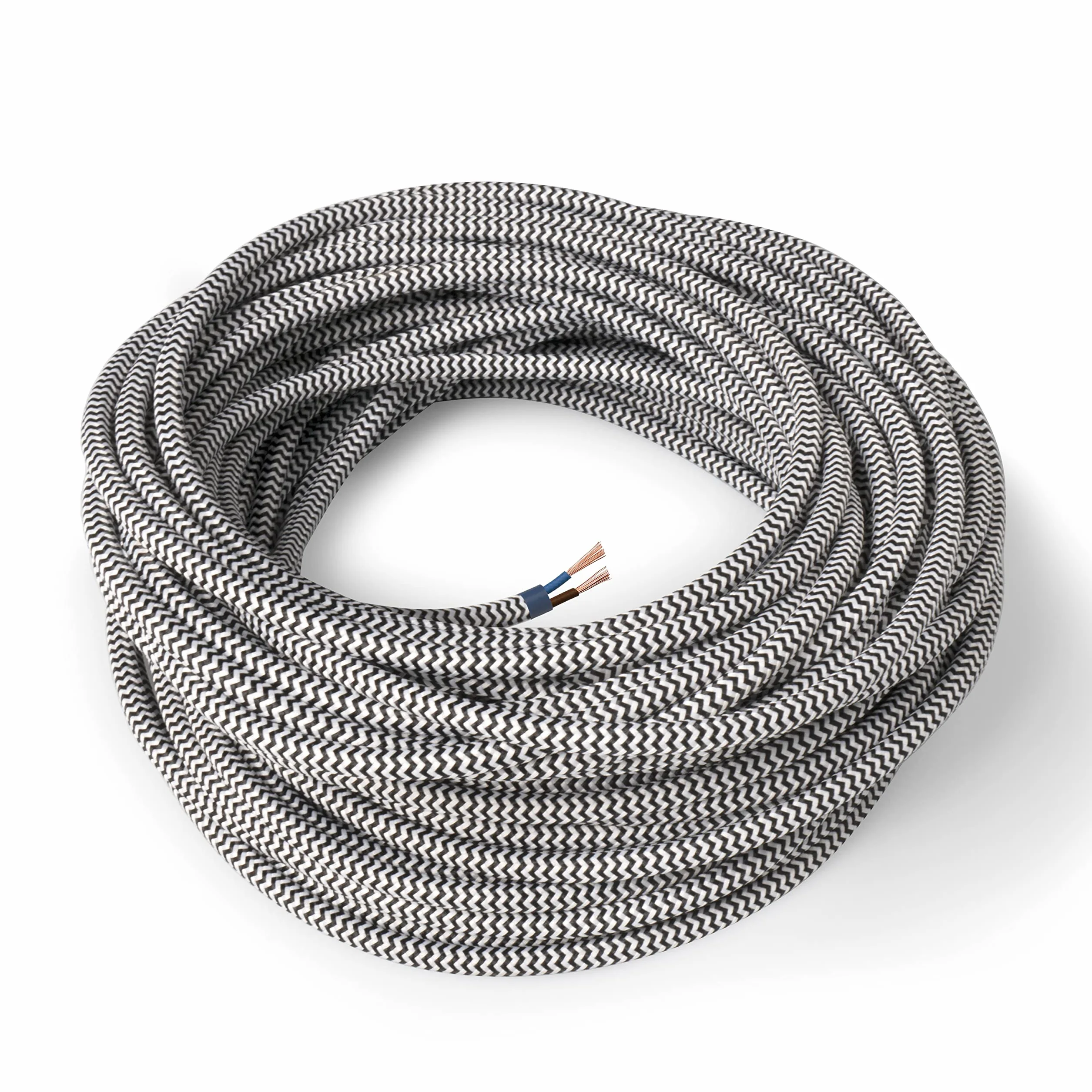 Amarcords - Kolorowy tekstylny kabel elektryczny CZARNO-BIA?Y ZYGZAK, okr?g?y, jedwab, 20 metrów, z dwoma przewodami 2x0,75 - Pokryty kolorow? tkanin? vintage kabel do lamp, ?yrandoli, kinkietów i aba?urów