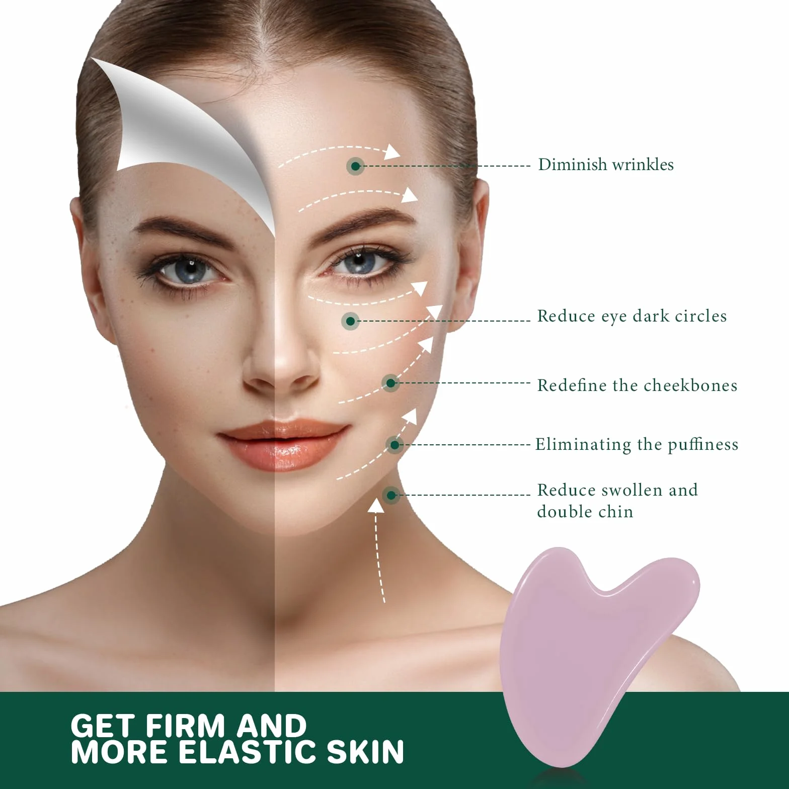 Gua Sha przyrząd do masażu, naturalny jadeitowy kamień, guasha, skrobak do twarzy, do obrzęków oczu, napinania skóry, odmładzania twarzy i szyi (różowy)