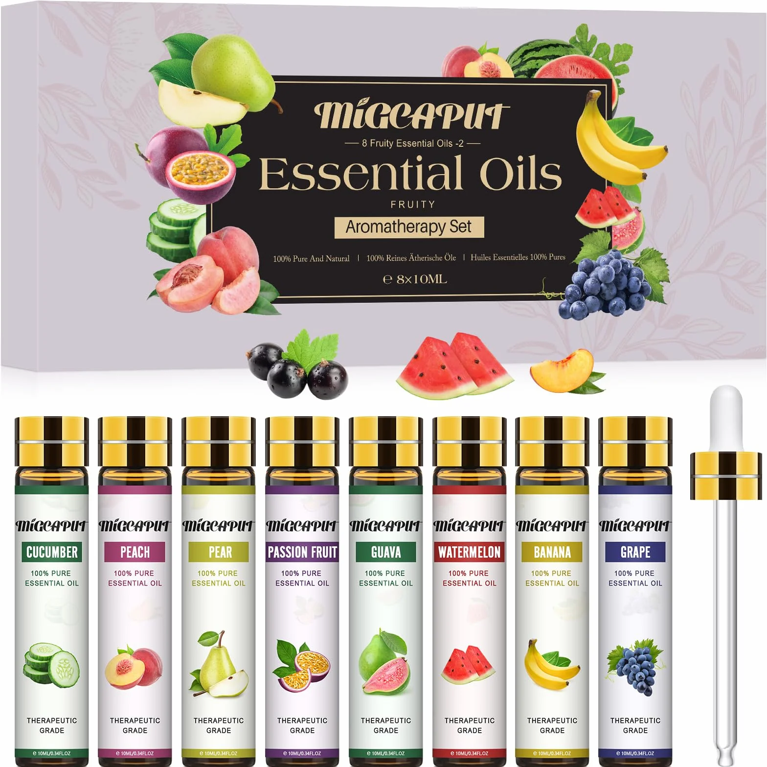 MIGCAPUT Owocowe Zestaw Olejków Eterycznych 8 x 10ML, 100% Naturalne Olejki Zapachowe do Dyfuzory, Aromaterapii, Masaż - Marakuja, Guawa, Gruszka, Brzoskwinia, Ogórek, Arbuz, Banan, Winogrono