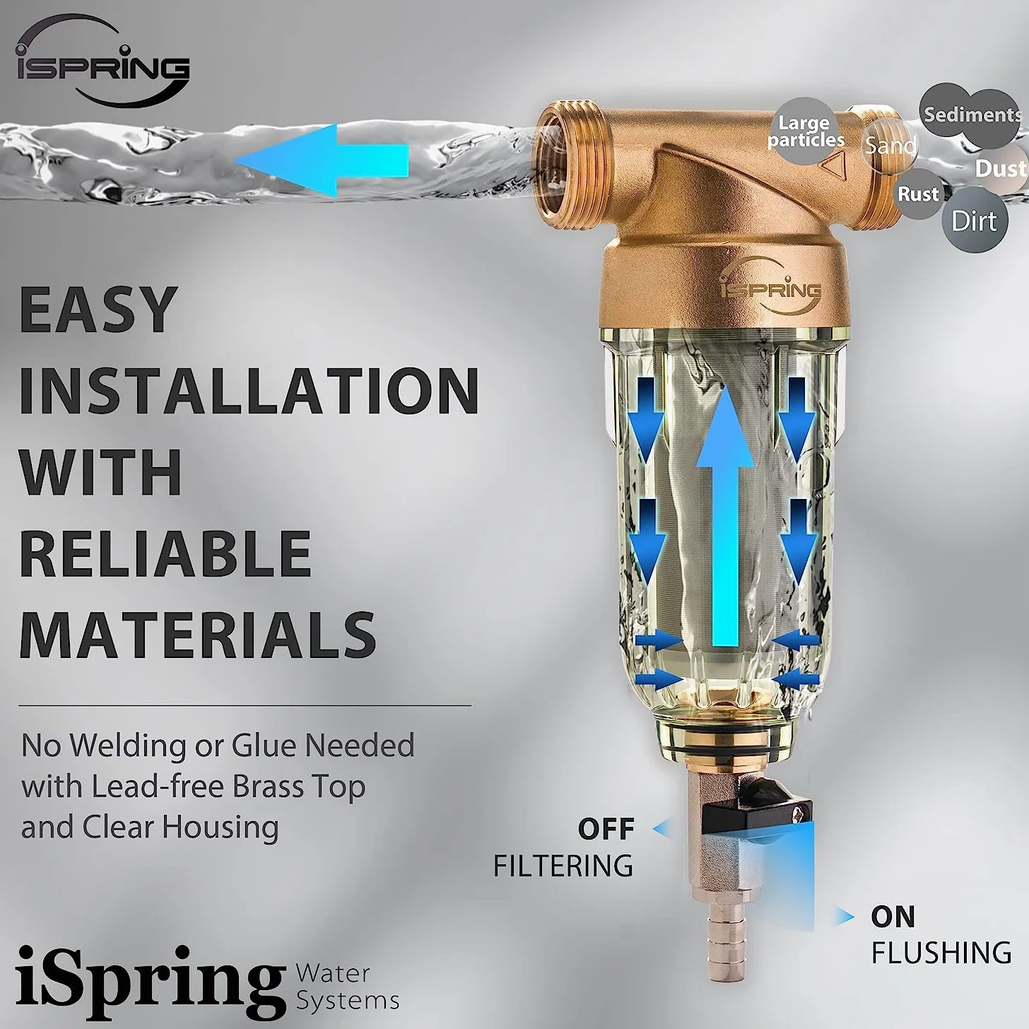 iSpring WSP-100 Cały dom wielokrotnego użytku filtr do wody osadu, 100 mikronów jednorazowa filtracja wstępna, G 1"- 3/4", mosiądz