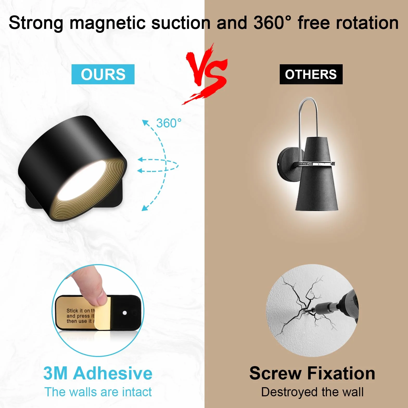 GuKKK Lampa ścienna RGB, zestaw 2 lamp ściennych LED, obrót o 360°, lampa ścienna z portem USB, sterowanie dotykowe, 16 poziomów jasności 3 temperatury (czarna)