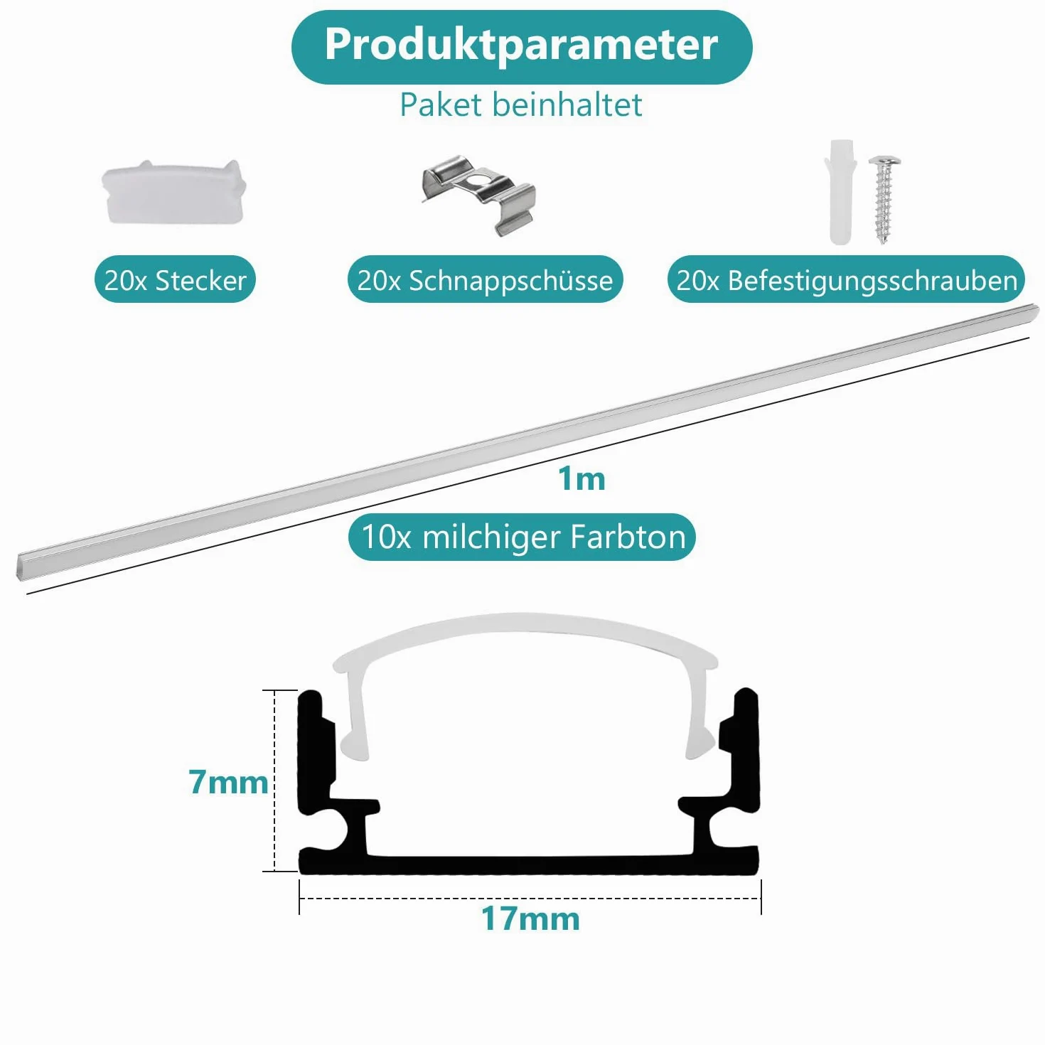 Profil aluminiowy 30 x 1 m profil LED w kształcie litery U z osłoną, zaślepkami i klipsami montażowymi, szyna LED kanał LED do taśm LED