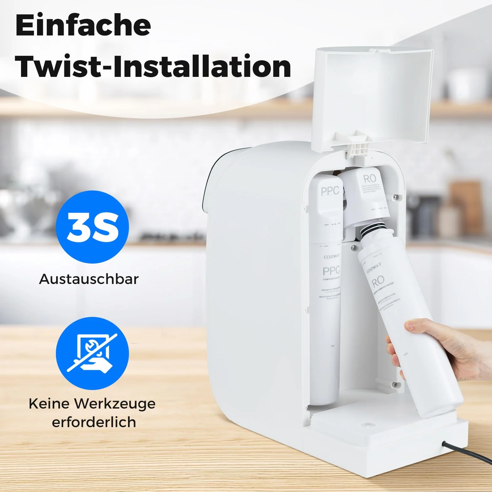 COSTWAY Filtr RO zamiennik do systemu odwróconej osmozy stołowej, 0,0001 mikrona, usuwa ponad 95% TDS i metali ciężkich, instalacja zamka obrotowego, żywotność 6-12 miesięcy