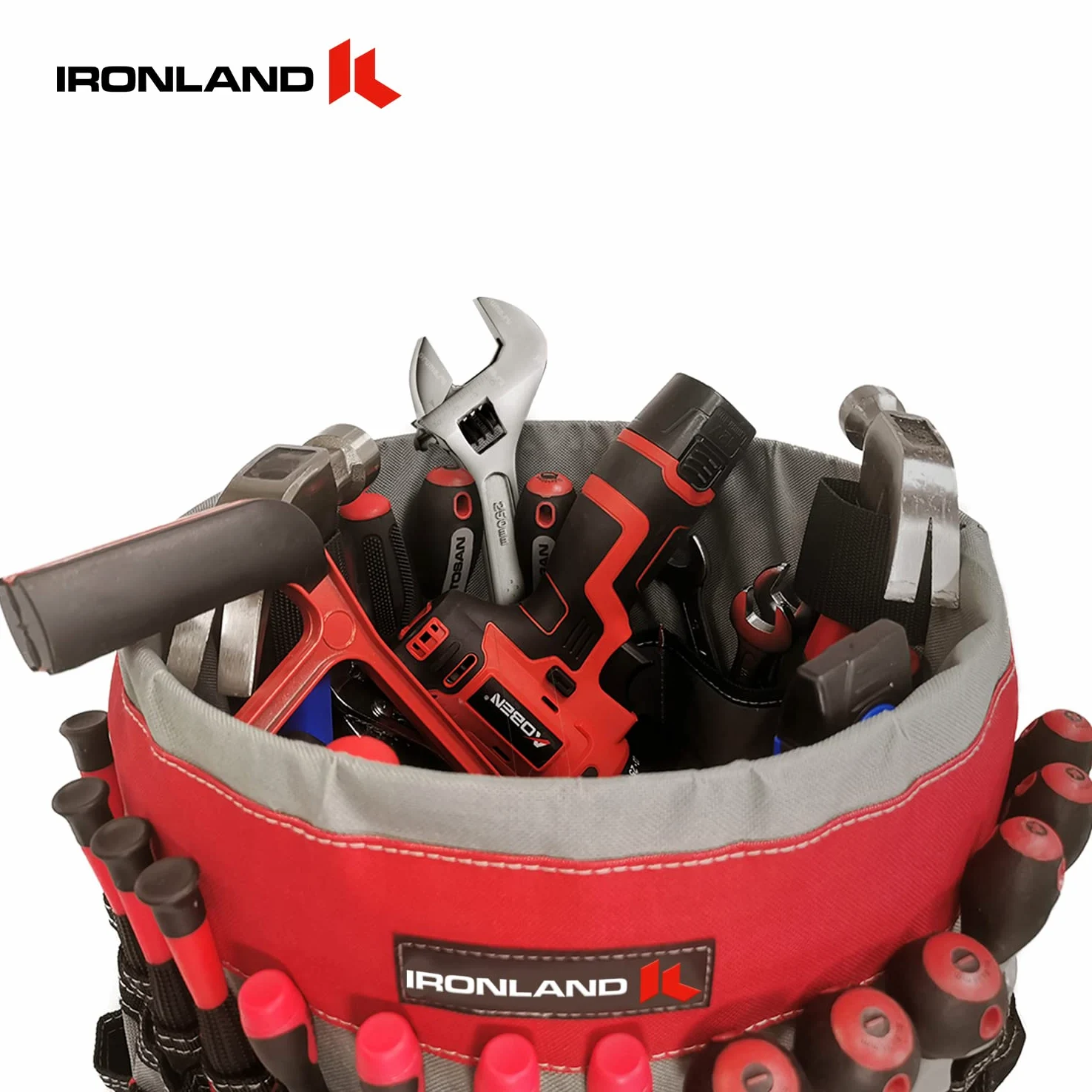 IRONLAND Organizer na narzędzia kubełkowe pasuje do wiadra 3,5-5 l, 51 kieszeni | Organizer na narzędzia kubełkowe do ogrodu, budownictwa, stolarza, elektryka, spawania, budowniczego, czerwono-czarnego