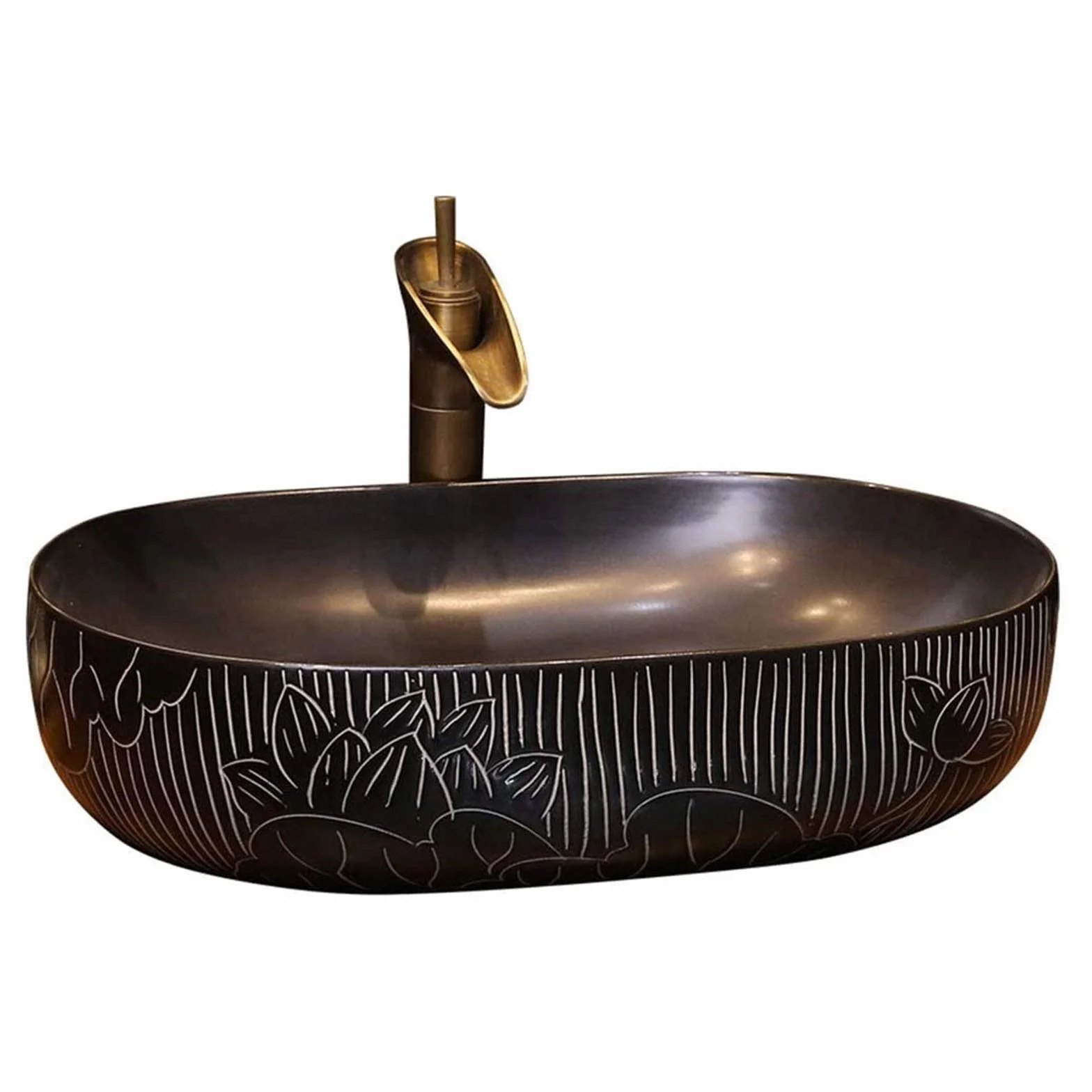 Umywalka ceramiczna Kamień naturalny Owalna wpuszczana Łazienka Czarny Lotos Sztuka retro Powyżej Umywalka nablatowa Owalna Umywalka ceramiczna Chińska