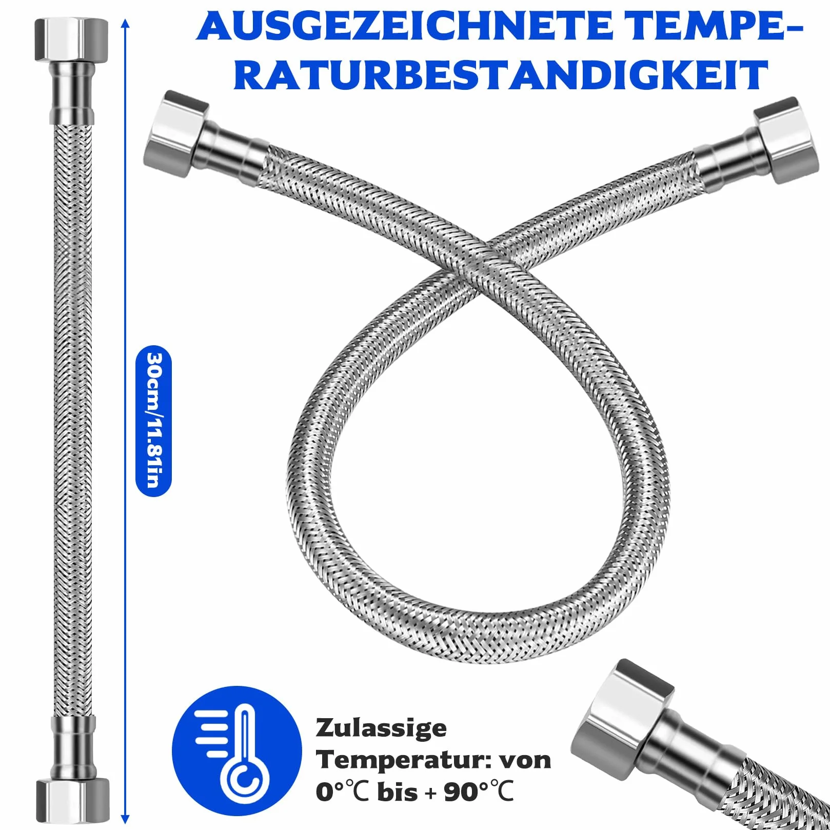 2 szt. elastycznych rur wężowych, 3/8" x 3/8" BSP plecione elastyczne złącza kranowe, ze stali nierdzewnej, rury Flexi, węże do zlewu kuchennego, umywalki łazienkowej, kranów toaletowych, armatura