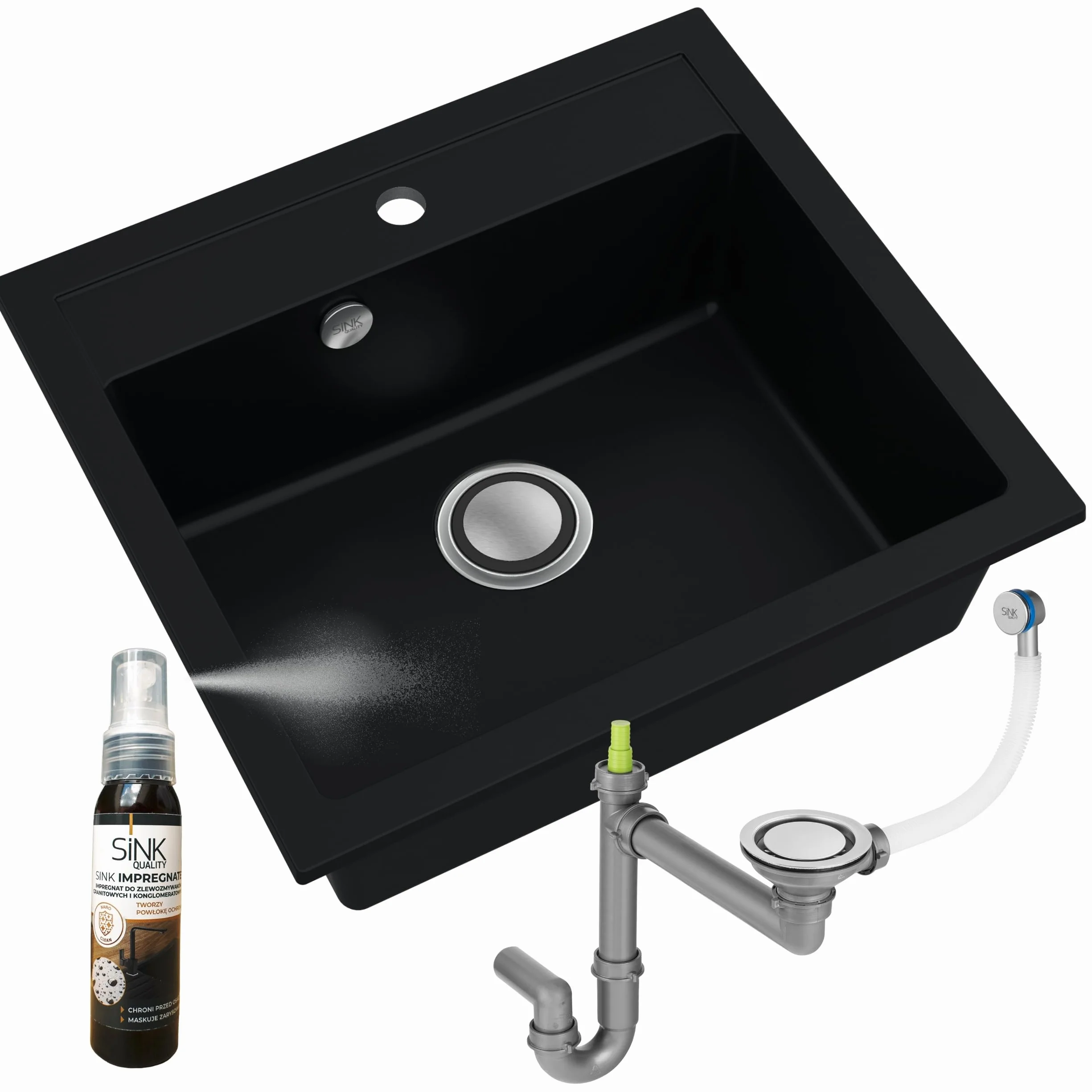 SINK Quality Zlewozmywak Jednokomorowy Czarny 56x51 cm - W zestawie syfon z Pop Up i impregnat - Granitowy Zlew Kuchenny do szafki o szerokości od 60 cm