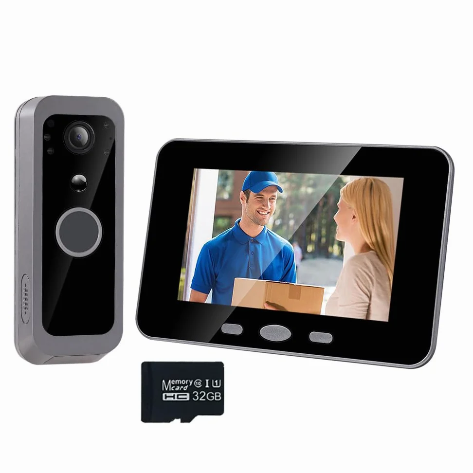 300 VK bezprzewodowy dzwonek do drzwi wideo, ekran 4,3 cala, Spioncino1080P z kartą pamięci 32 GB, wykrywanie ruchu, dwukierunkowy dźwięk, wodoodporny