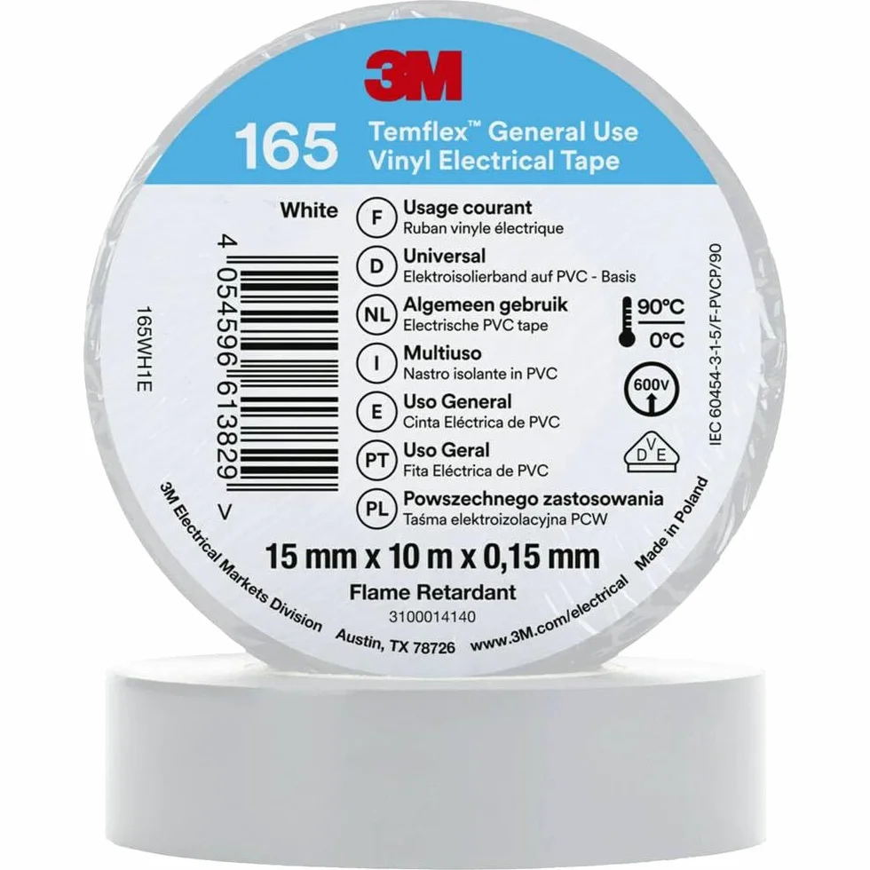 3M Temflex™ 165 165WH1E taśma izolacyjna Temflex™ 165 biała (dł. x szer.) 10 m x 15 mm