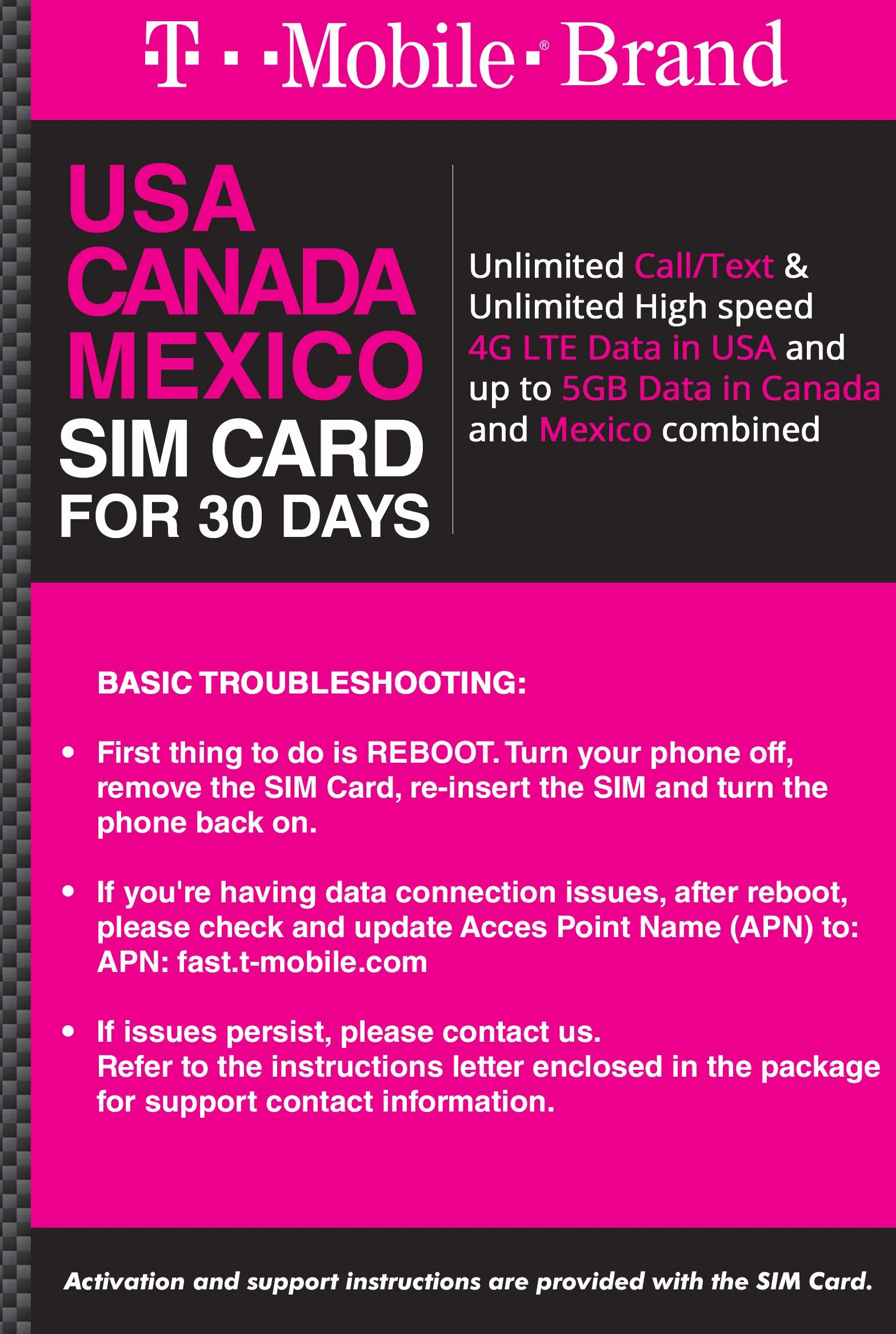 T-Mobile Marka USA, Kanada, Meksyk Prepaid Travel SIM Nieograniczone połączenia/tekst i nieograniczona prędkość 4G LTE w USA przez 30 dni