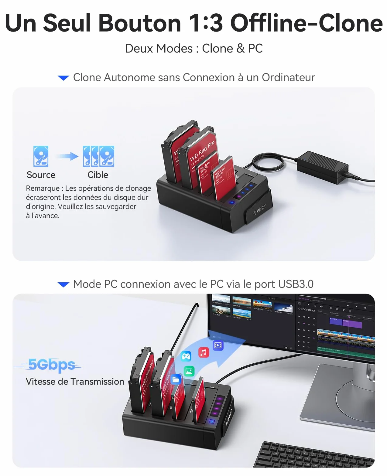 ORICO Stacja do dysków twardych USB 3.0 do SATA, offline klon, 4 gniazda, obudowa 2,5 i 3,5 cala SATA HDD/SSD, 4X 16 TB, zasilacz 12 V 6,5 A (6648US3-C)