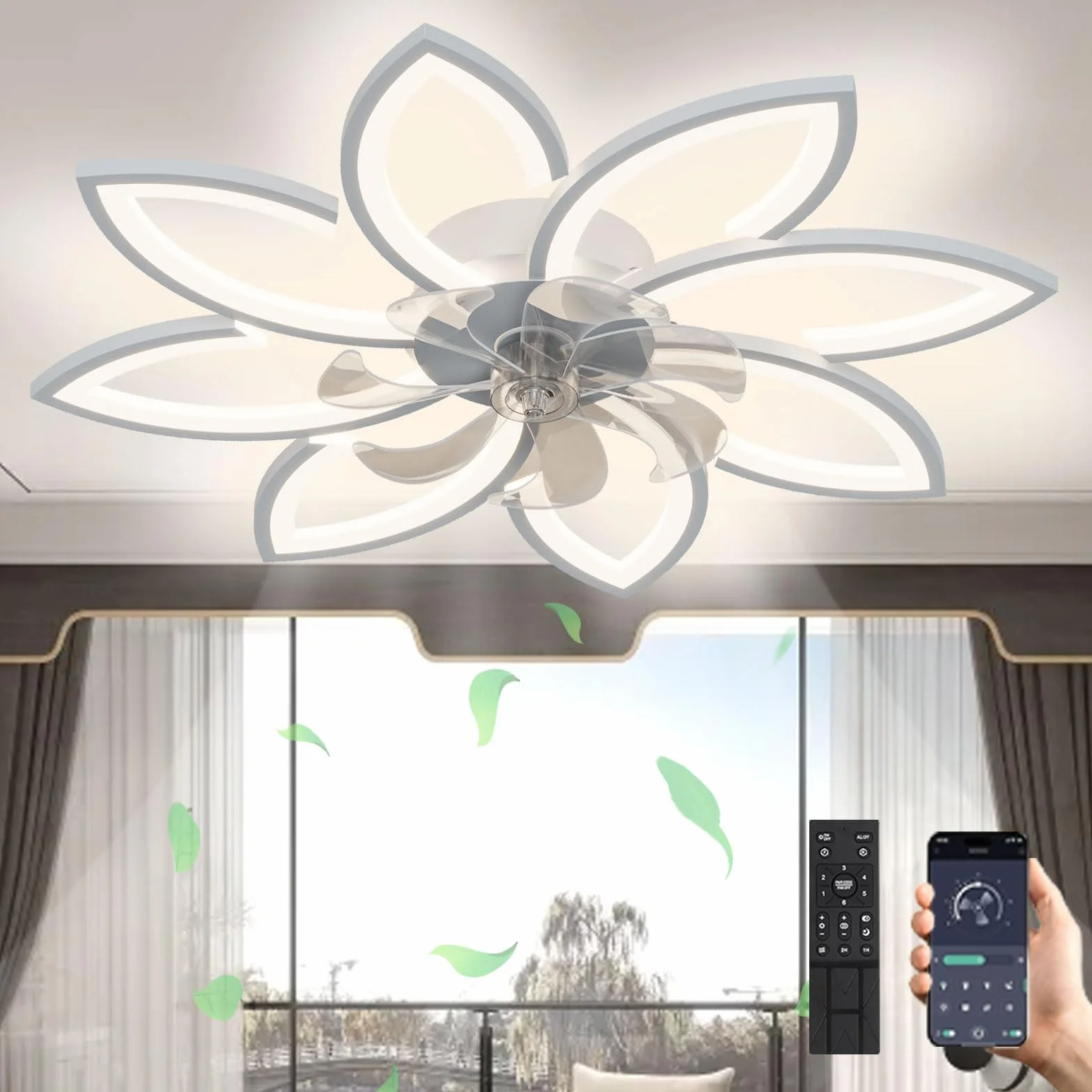 Wentylator sufitowy LED ze światłem, ściemnialny żyrandol 66W z wentylatorem, cichy odwracalny wentylator sufitowy ze światłem, do salonu