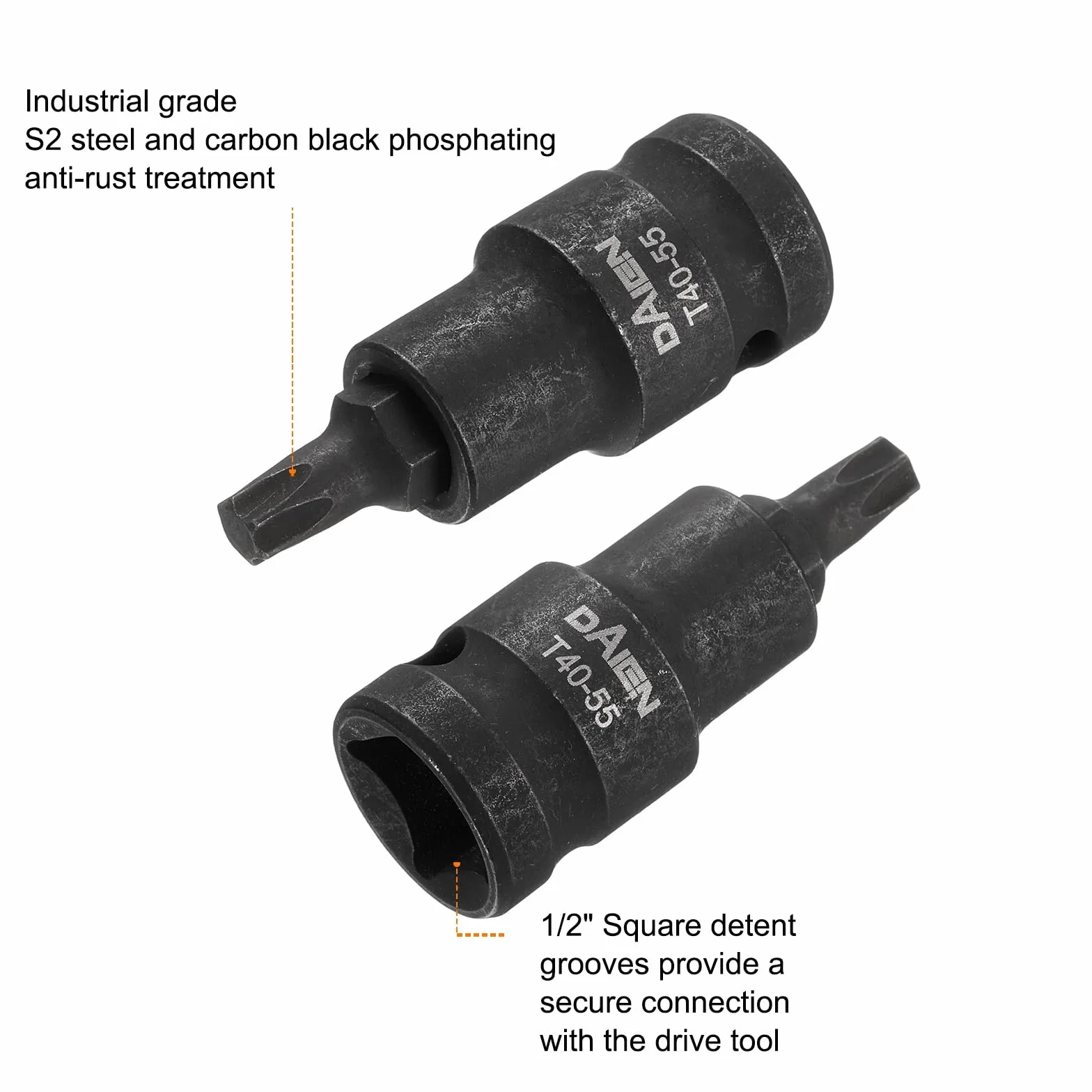QUARKZMAN 2 szt. T40 bit długość kompasu 55 mm / 2,17" kwadratowe mocowanie 1/2" gwiazda 6 bitów zestaw końcówek do korby udarowej stalowy kompas S2 do kluczy grzechotkowych czarne bity