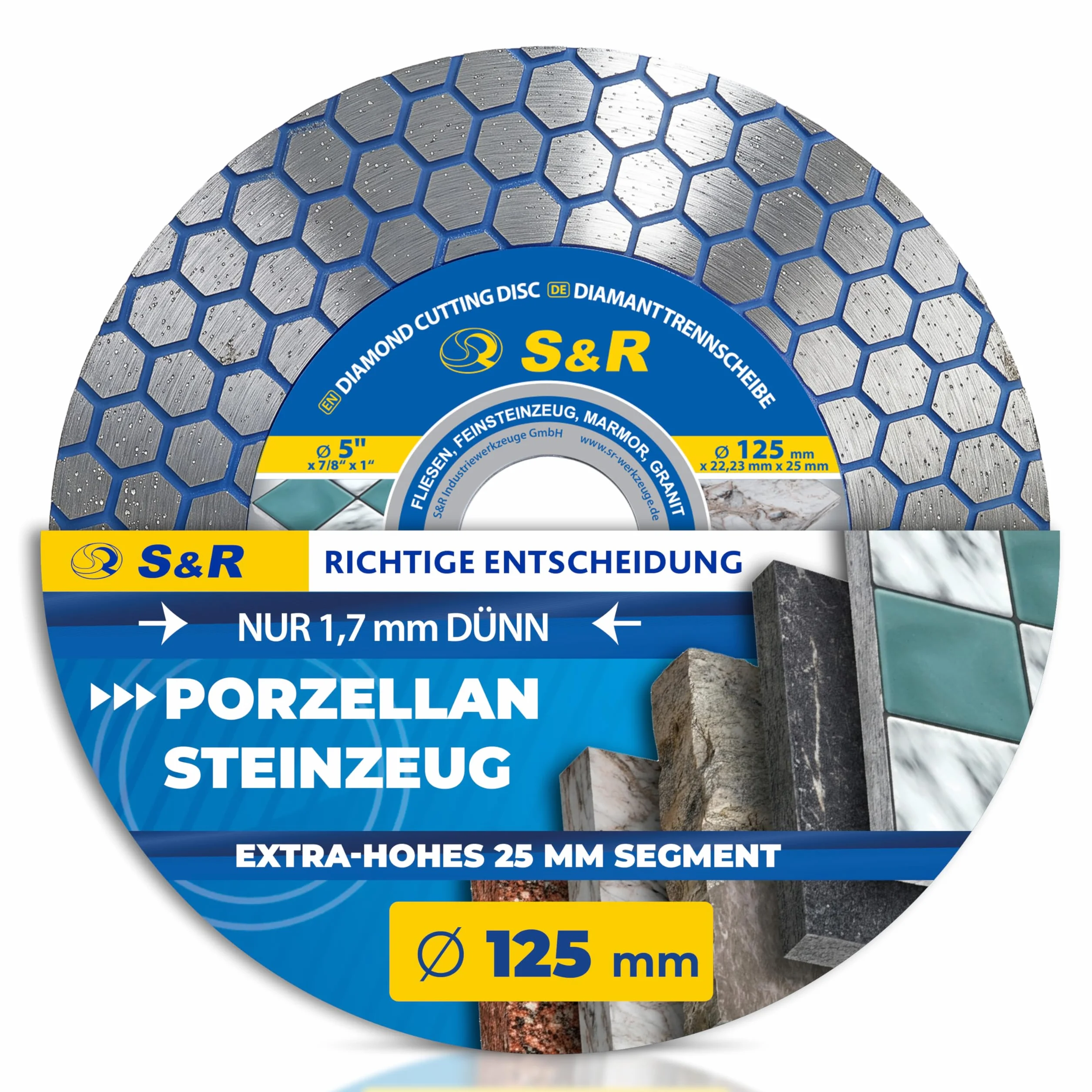 S&R Diamentowa tarcza tnąca, tarcza do cięcia 125 mm, tarcza diamentowa 125 mm, tarcza kamienna, 125 mm diamentowa tarcza tnąca 125 x 22,23/25 x 1,7 mm do porcelany, gresu, twardych płytek, kamienia