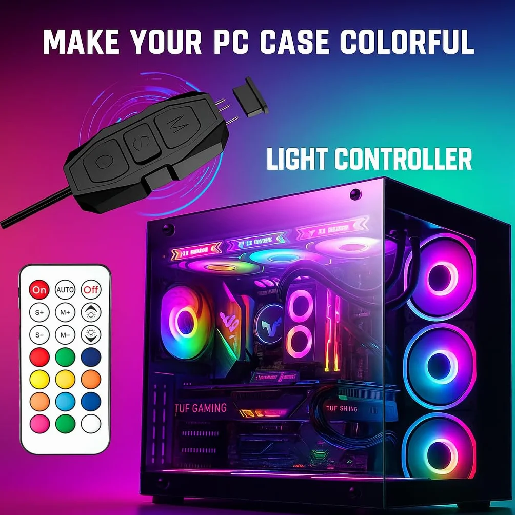 Gebildet Zestaw Kontrolera ARGB do Wentylatorów Obudowy PC RGB, Kontroler Wentylatora SATA Power RGB, Koncentrator Wentylatorów Komputerowych ARGB Sterowanie RGB z 21-Klawiszowym Pilotem Kontrola
