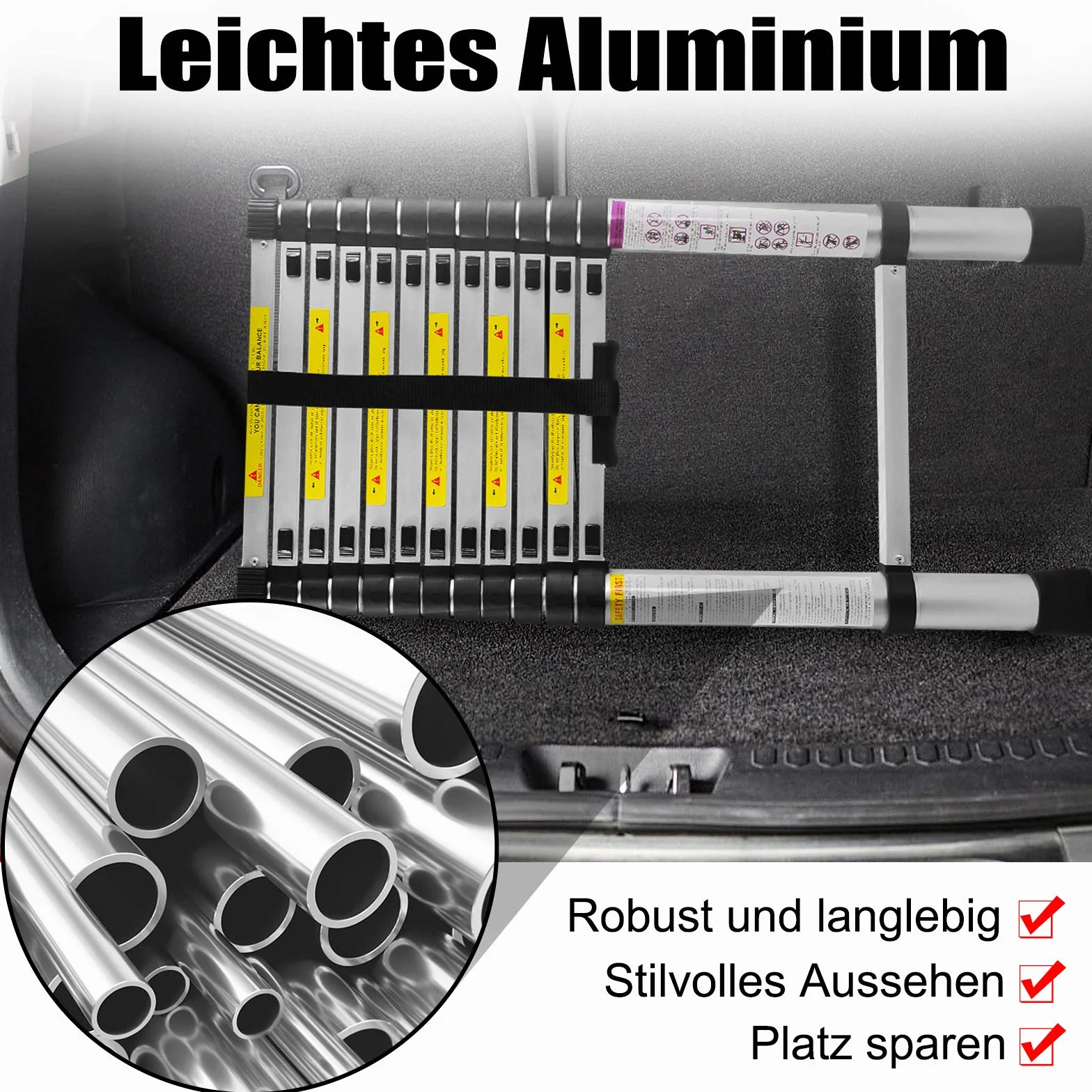 UISEBRT Aluminiowa drabina teleskopowa, 2,6 m, rozsuwana, wielofunkcyjna, antypoślizgowa, uniwersalna, aluminiowa drabina stojąca, obciążenie do 150 kg, srebrna