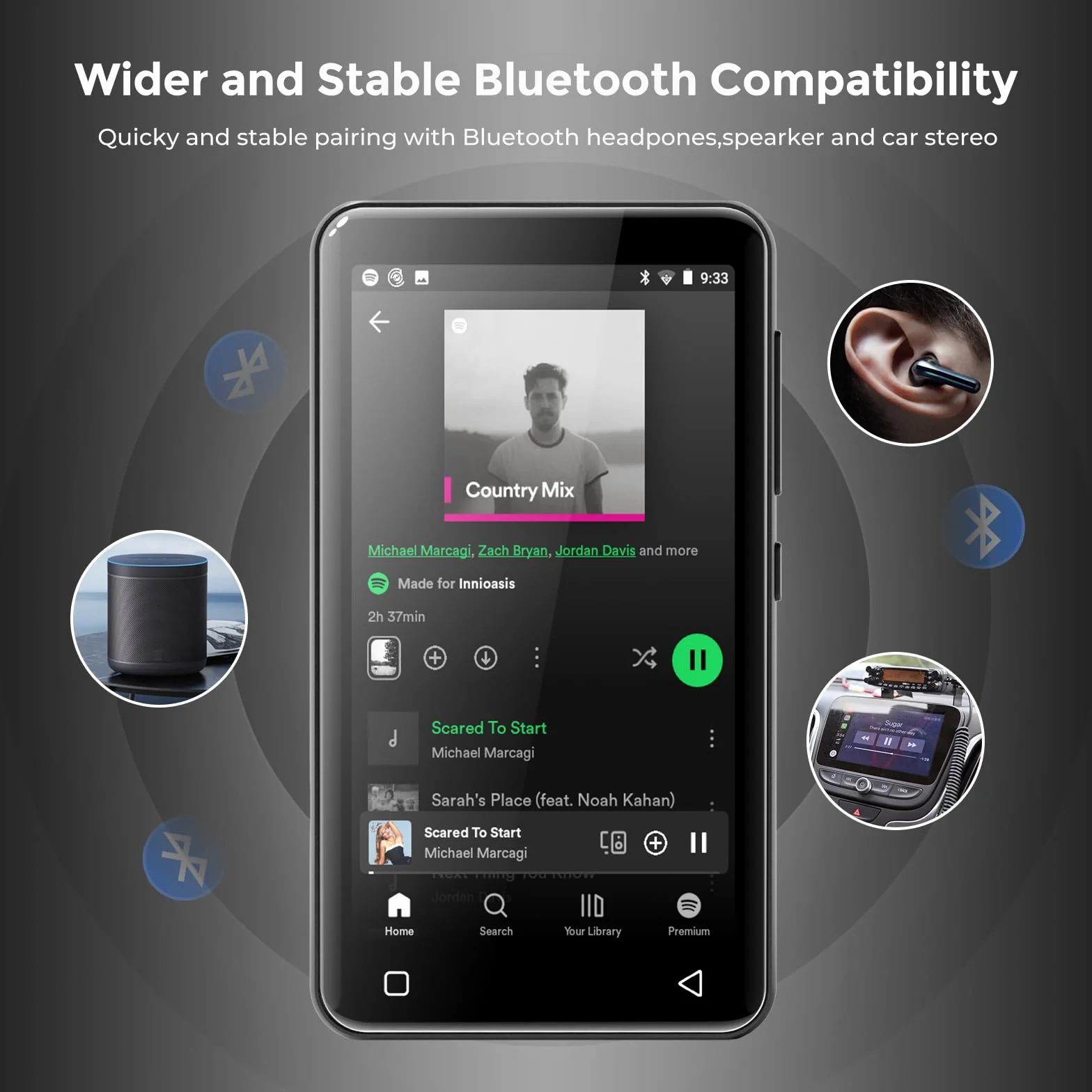 Innioasis Odtwarzacz MP3 80 GB Bluetooth WiFi 4-calowy Ekran Dotykowy Android Streaming MP4 Czarny