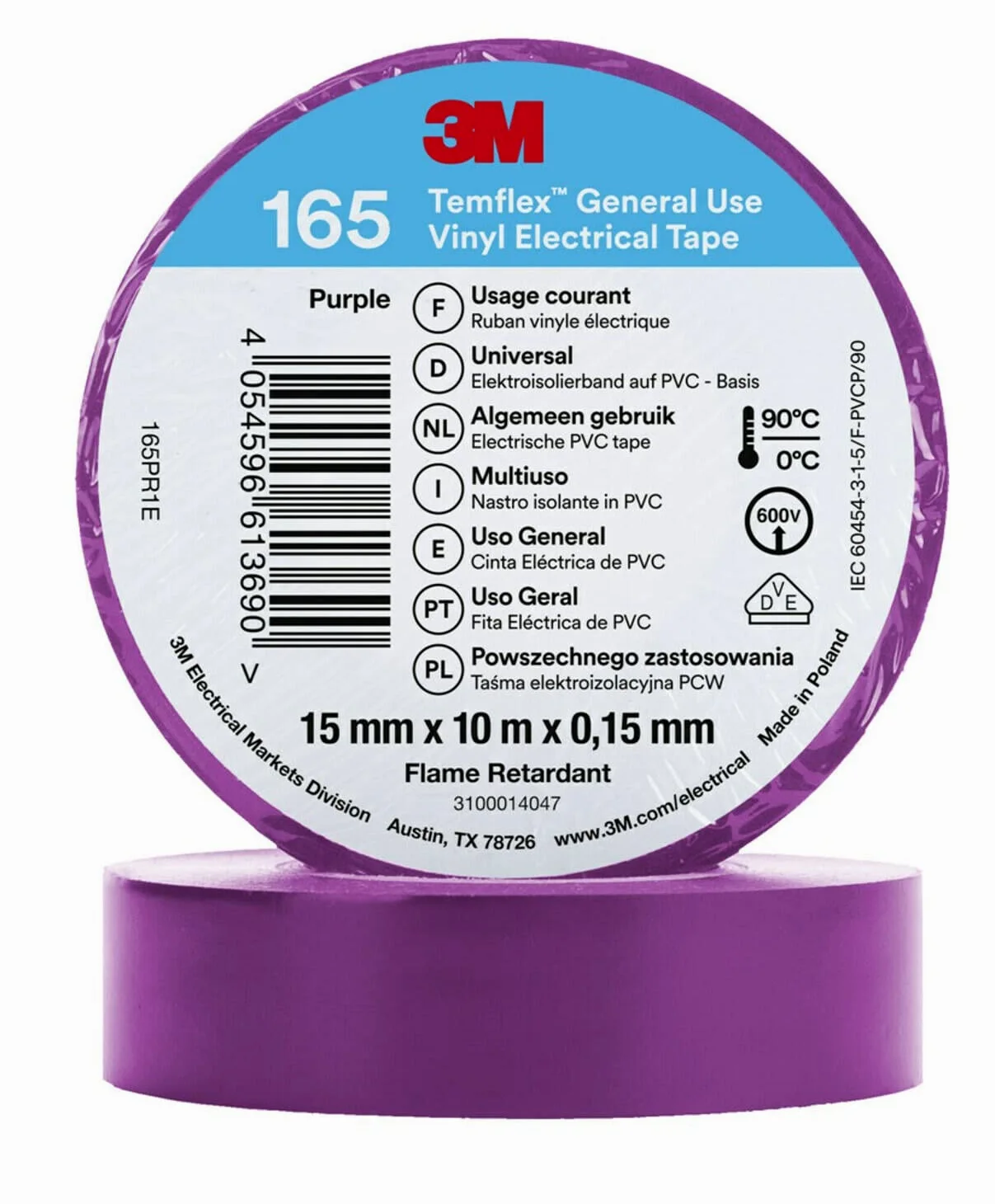 3M Temflex Winylowa taśma elektryczna 165, fioletowa, 15 mm x 10 m, 100 rolek/obudowa