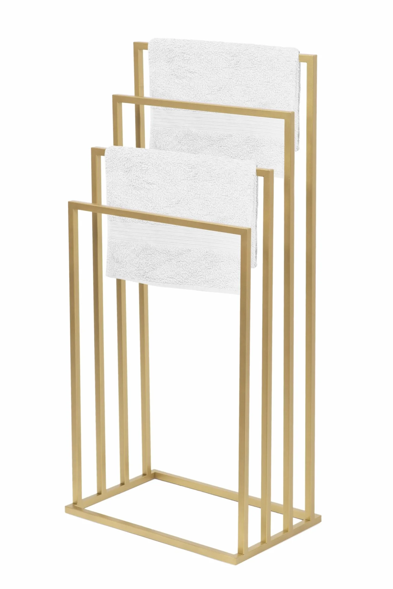 Wolnostojący Wieszak na Ręczniki - szer. x gł. x wys. 45x29x96cm - Wykonany z Metalu, z Podkładkami Antypoślizgowymi, Stabilny, Produkt UE, bez Montażu - VIVO - 4 pręty - Złoty