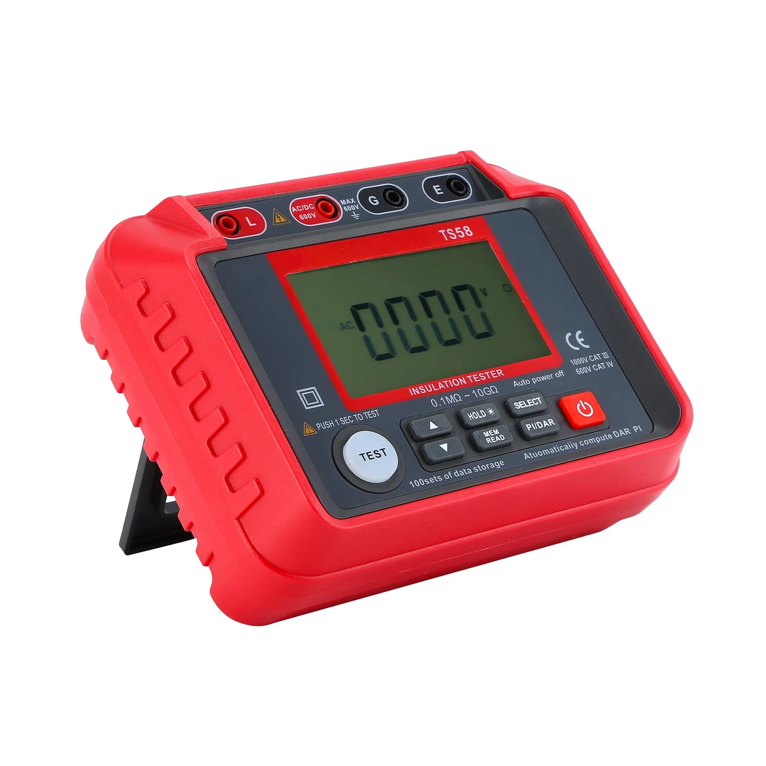 Domary Tester Rezystancji Izolacji Megaomomierz 0,1 MΩ-10 GΩ z Podświetlanym Wyświetlaczem LCD 2000 zliczeń Napięcie Prądu Stałego AC 10–600 V Indeks DAR PI do Konserwacji Sprzętu