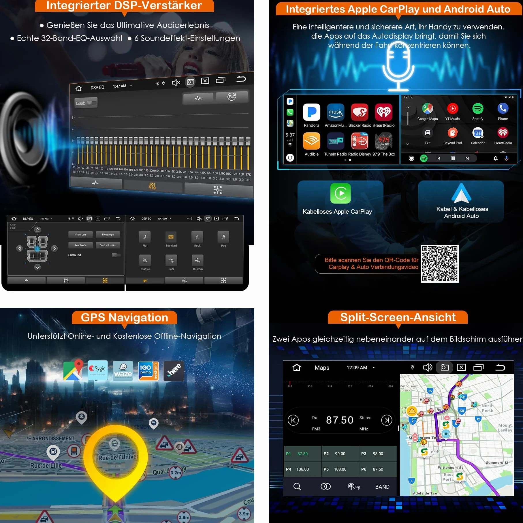 Radio samochodowe Erisin 2 Din Android 14 4GB+64GB GPS Bluetooth 5.0 CarPlay Android Auto DSP WiFi DAB+ RDS SWC dla Forda Focus Mondeo S-Max C-Max Galaxy