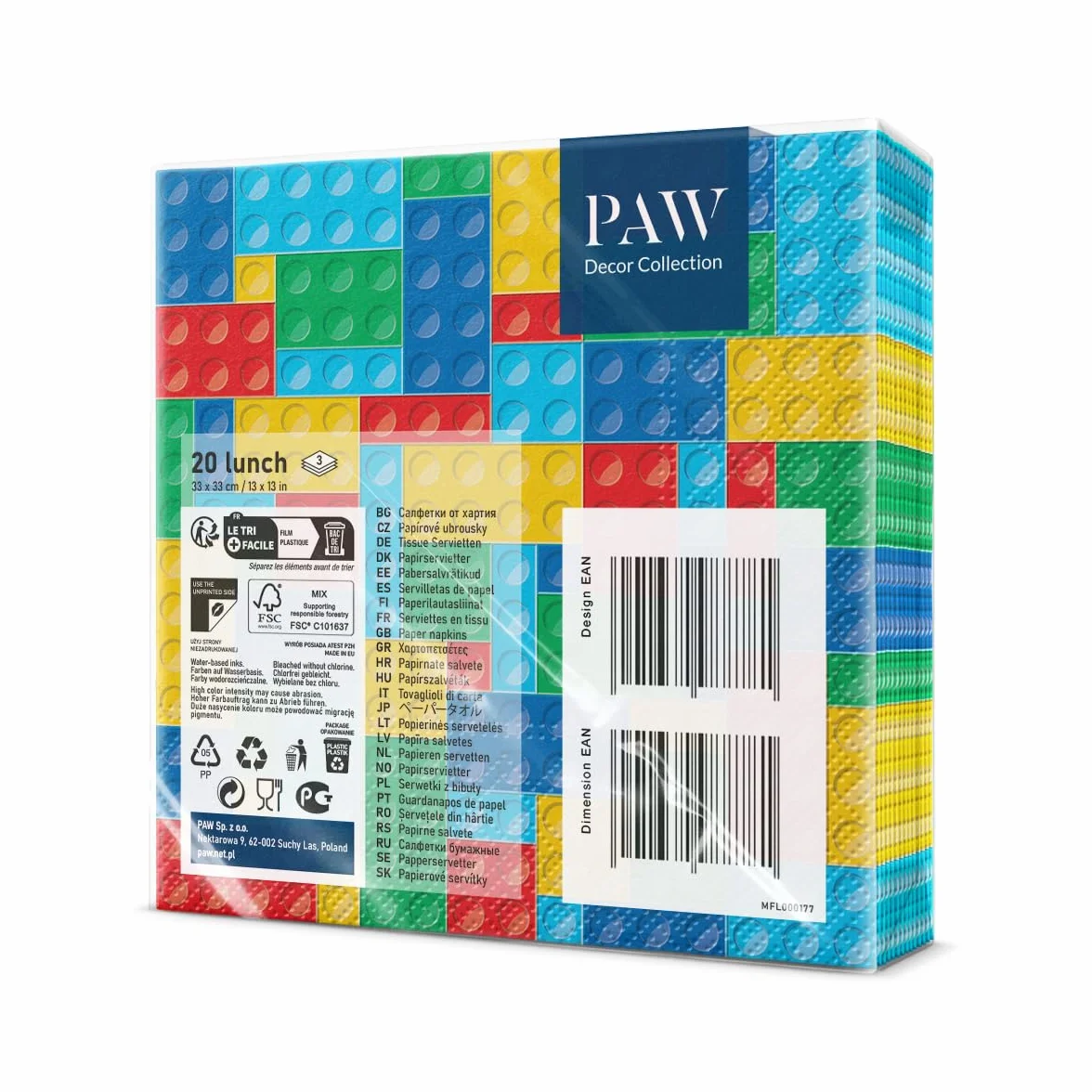 PAW - 3-warstwowe serwetki (33 x 33 cm) I 20 sztuk I idealne na urodziny dziecka, imprezy, komunię i uroczystości I kolorowe serwetki papierowe z motywem imprezowym I bloki, imprezy, zabawki -