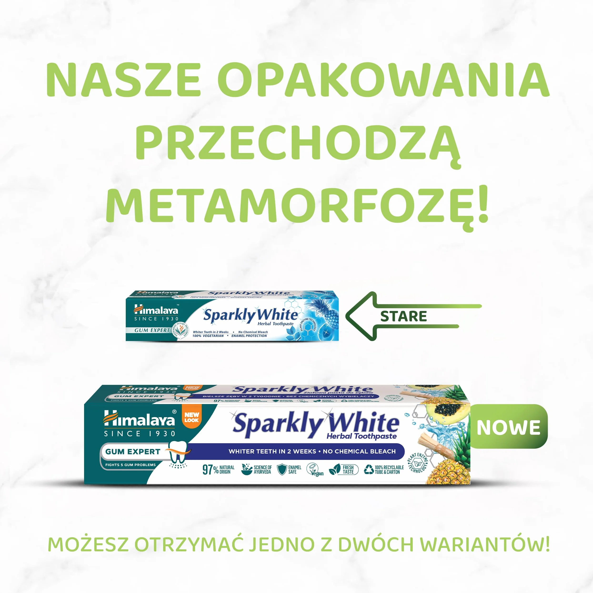 Himalaya Sparkly White Ziołowa Pasta do Zębów 75ml Wybielanie, Zdrowe Dziąsła, Bezpieczna dla Szkliwa, Wzmacnia Zęby | 97% Naturalnych Składników, Wegańska, Bez Fluoru, Technologia Enzymów Roślinnych
