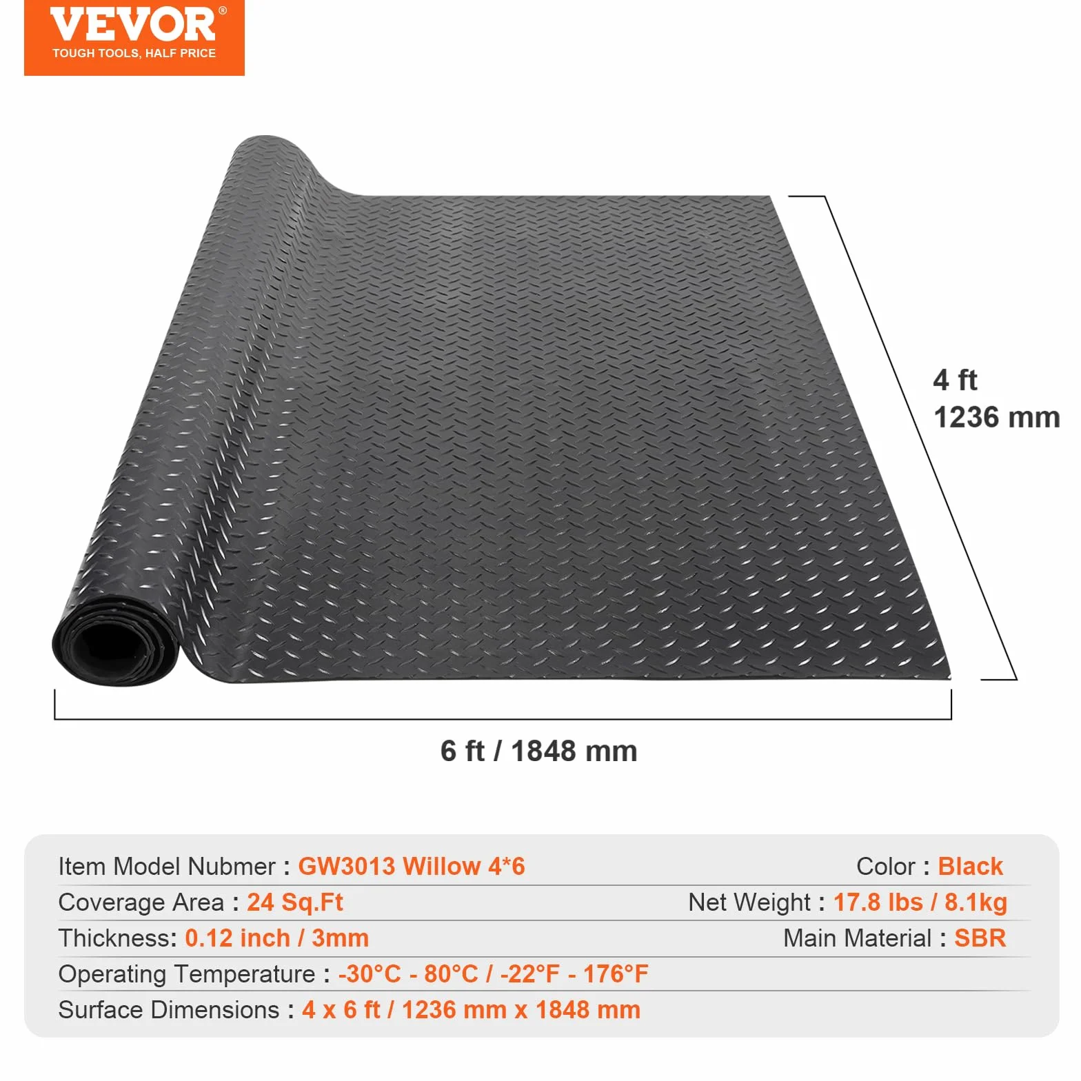 VEVOR Gumowa mata podłogowa z diamentową płytą, 3 mm x 1,2 m x 1,8 m, gumowa mata podłogowa SBR, łatwa do czyszczenia, gumowa mata diamentowa do samochodów, garażu, siłowni, czarna
