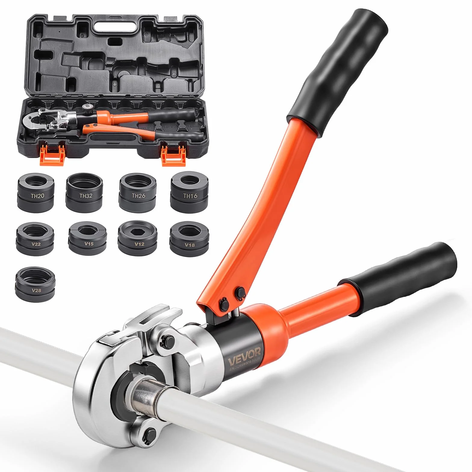 VEVOR Hydrauliczne narzędzie do zaciskania rur, wielofunkcyjna zaciskarka do rur ze szczękami TH16 TH20 TH26 TH32 do rur PEX i aluminiowo-plastikowych oraz szczękami V12 V15 V18 V22 V28 do rur ze