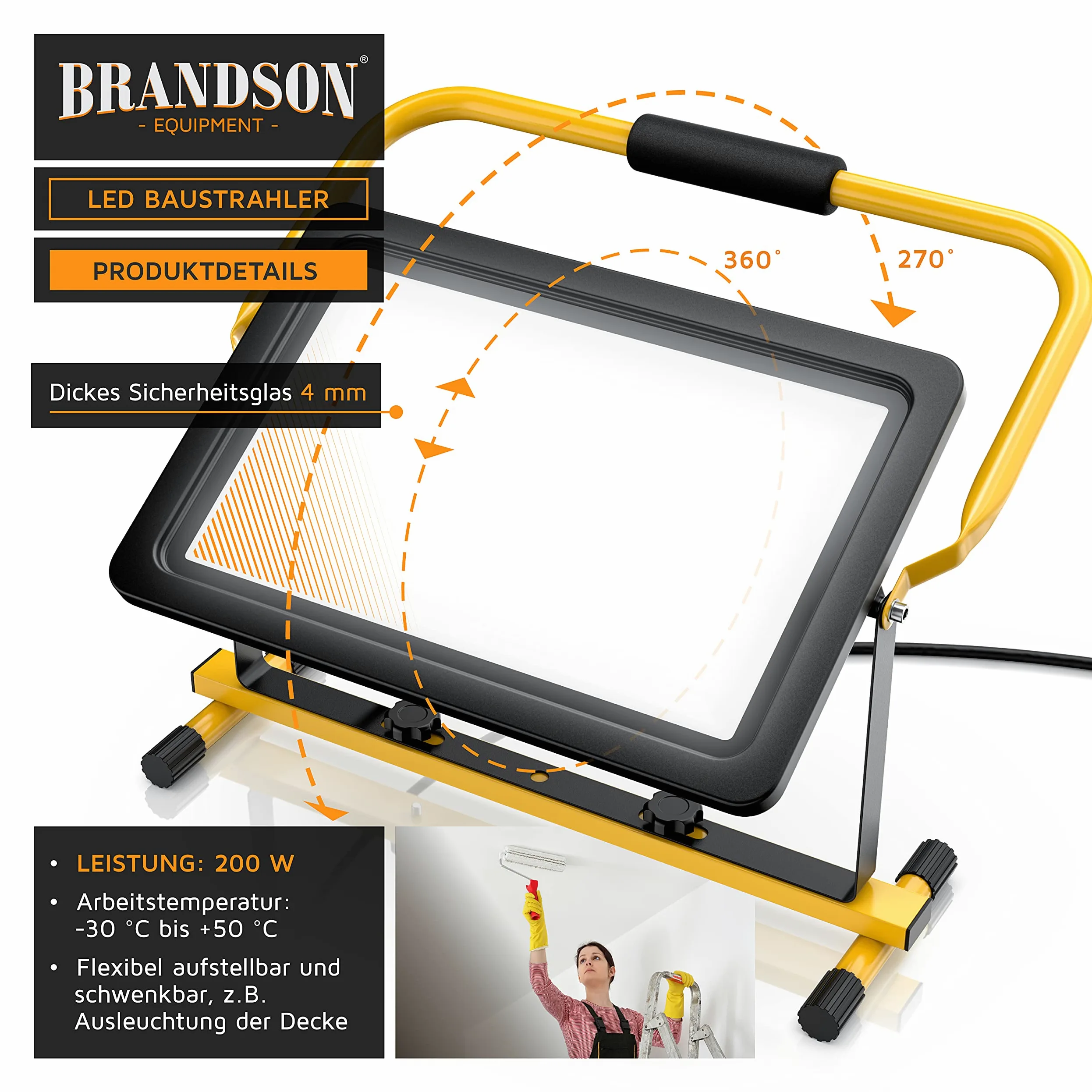 Brandson - Reflektor Budowlany LED 200 W - Reflektor Roboczy - 288 SMD LED - 6400 K - Stelaż i Uchwyt do Noszenia - 16000 Lumenów - Kabel Zasilający 4 m - Obudowa Metalowa - IP65