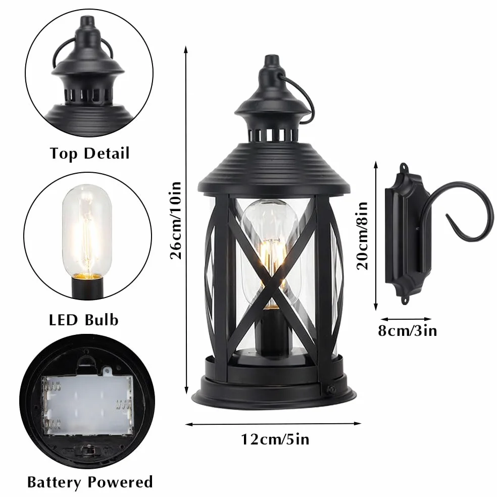 TRIROCKS Zestaw 2 Metalowych Sconces na Baterie 26 cm Wysokich, Dekoracyjne Lampy Stołowe LED, Bezprzewodowe Lampiony z Hakiem, Do Dekoracji Ogrodu, Patio, Ślubów (Czarny)
