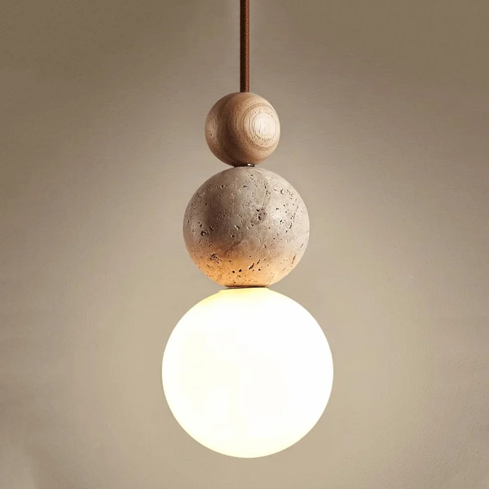 Lampa wisząca, kamienna lampa wisząca Wabi Sabi w stylu japońskim żółty trawertyn lampa wisząca regulowana drewniana kuchnia wyspa oprawa oświetleniowa Mini Globe szklane oświetlenie wiszące do sypial