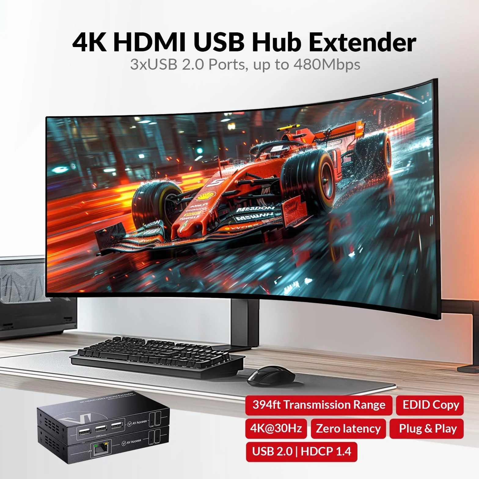 AV Access Przedłużacz KVM HDMI 4K 120m Ethernet Cat5e/6 1080P 120 Hz 3 porty USB 2.0