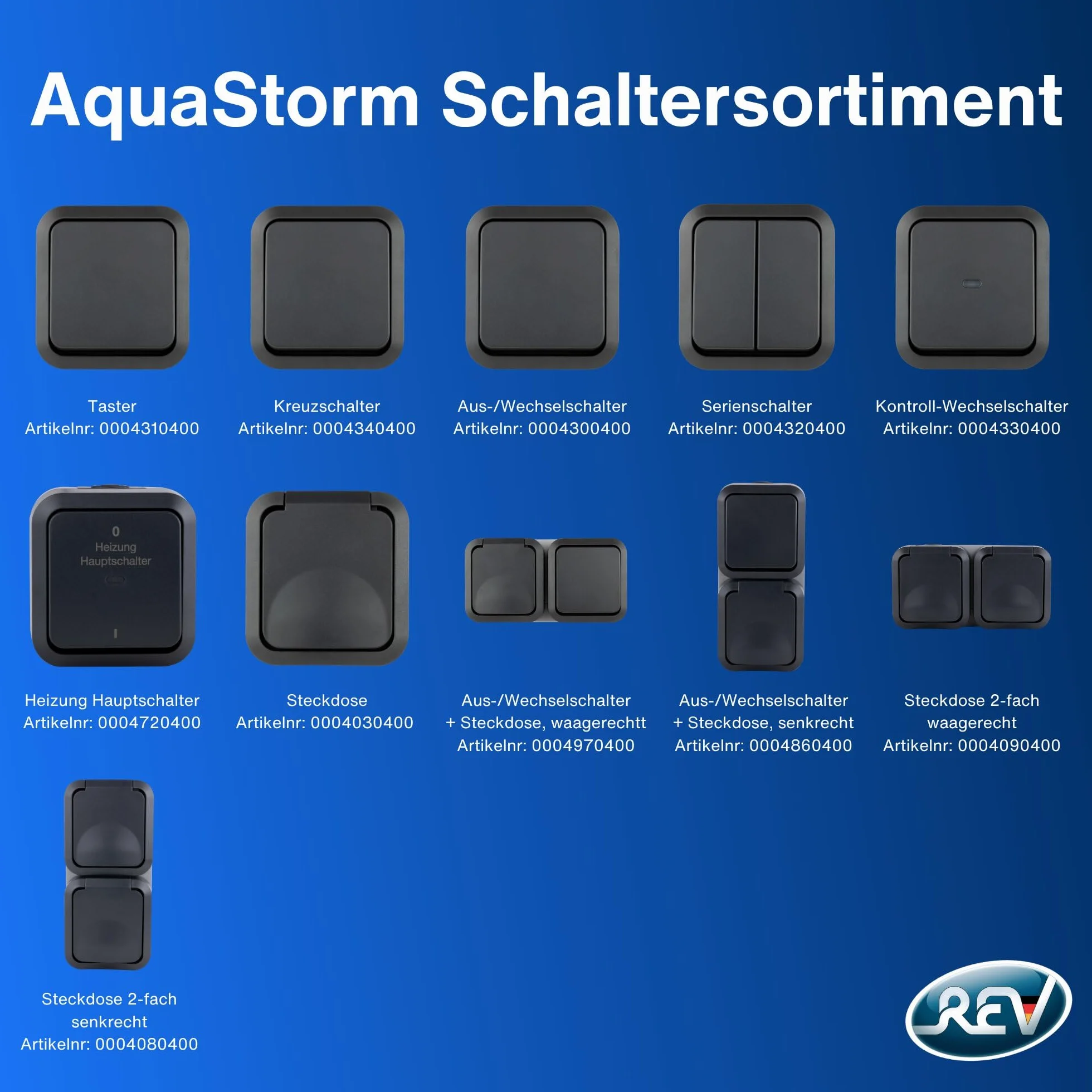 REV - AquaStorm, przełącznik szeregowy, włącznik światła do wilgotnych pomieszczeń, IP55, jednobiegunowy, natynkowy, 230 V, 10 A, antracyt