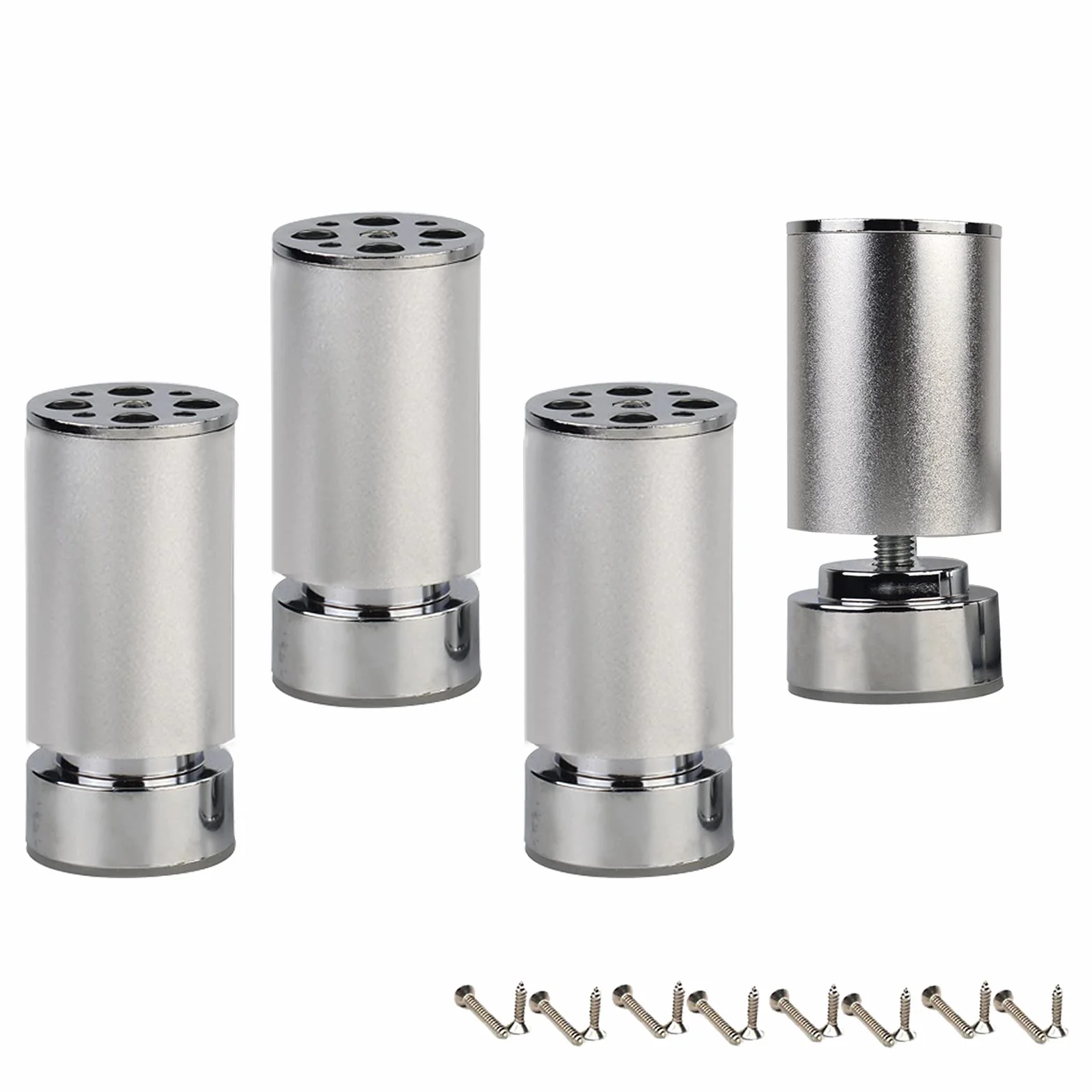 Regulowane srebrne nogi do sofy, nogi stołu ze stopu aluminium, okrągłe 50 mm, wysokość 8 mm, zestaw 4 szt. z antypoślizgowymi gumowymi podkładkami ABS do ulepszenia mebli kuchennych.