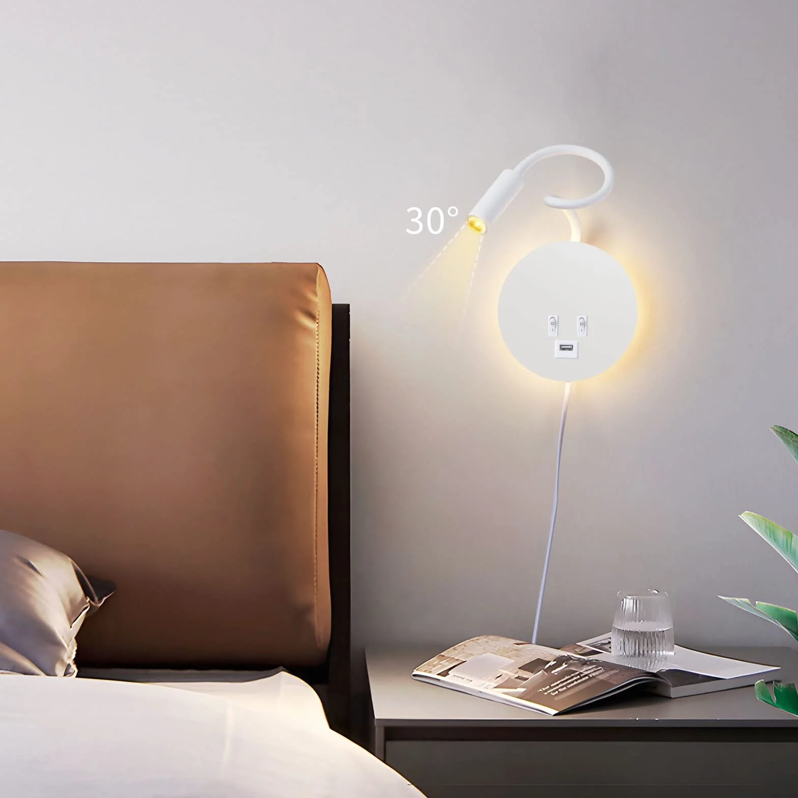 ERWEY Lampka do czytania na łóżku, lampa do czytania, montaż ścienny, 3 W + 8 W, lampka do łóżka z przełącznikiem i ładowaniem USB, lampa ścienna LED do czytania, obracana o 360°, z wtyczką i kablem
