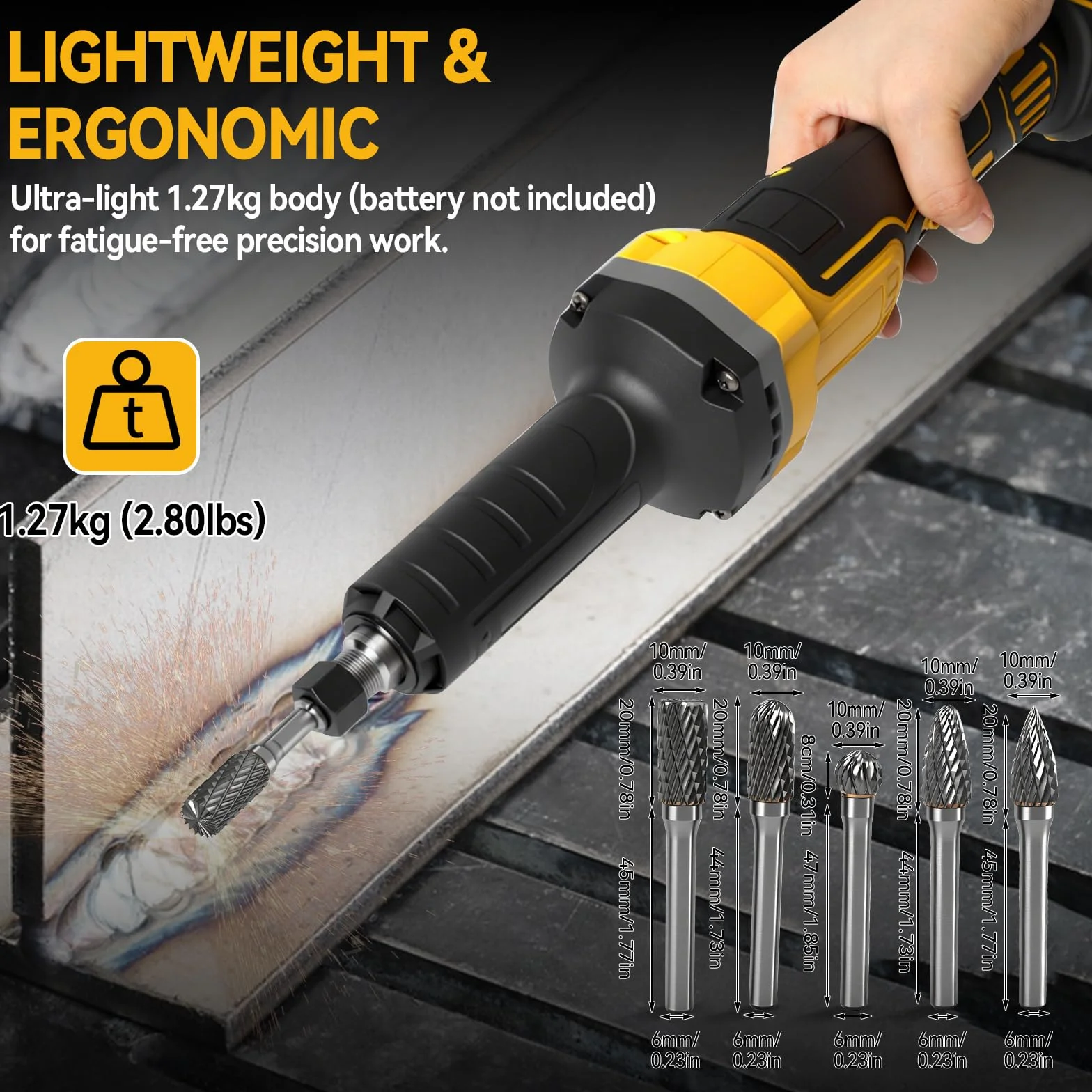 Akumulatorowa szlifierka prętowa kompatybilna z akumulatorem Dewalt 20 V, bezszczotkowa elektryczna szlifierka prosta z 5 bitami szlifierskimi, trzpień 6 mm do usuwania rdzy, polerowania, gratowania