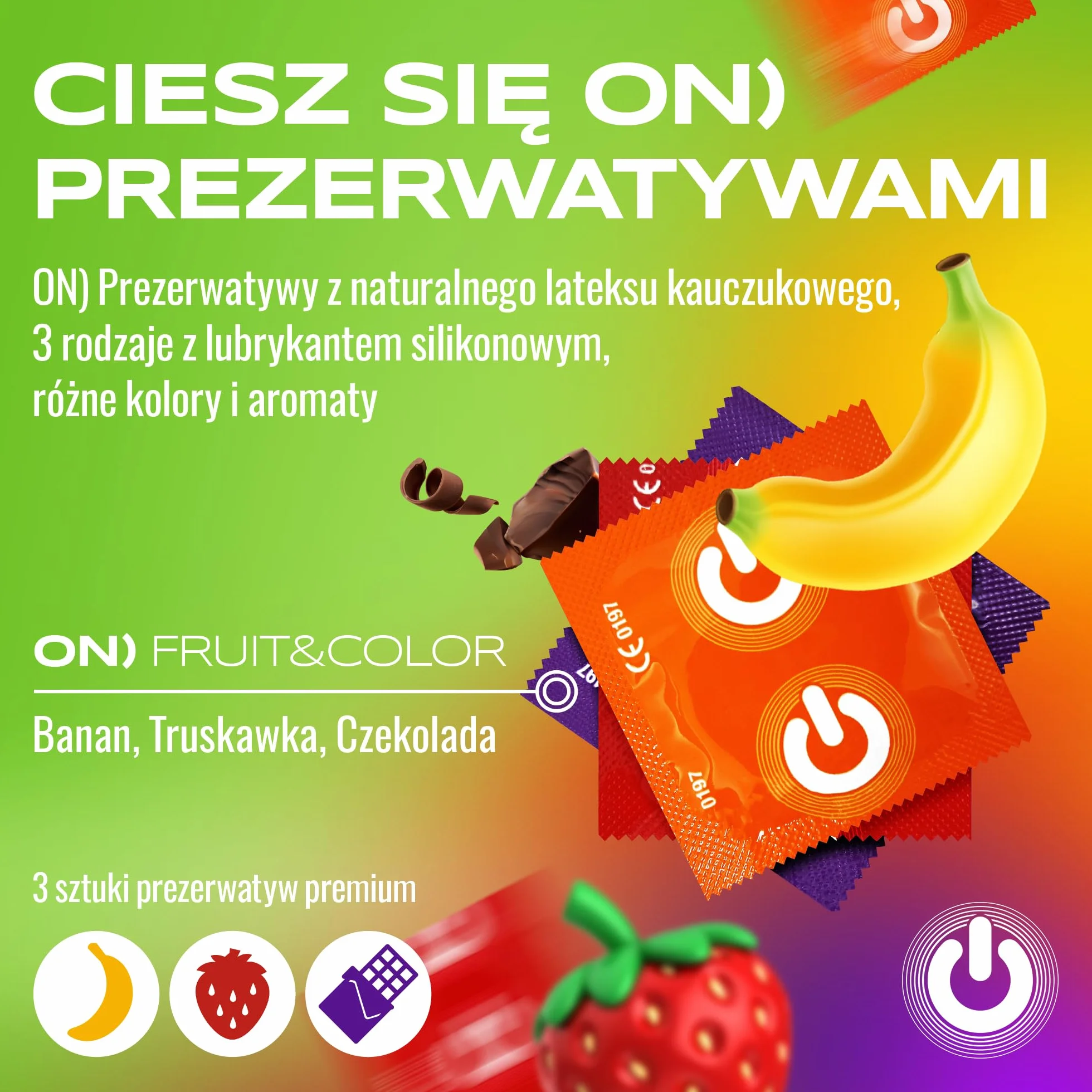 ON) Mix prezerwatyw I 3 sztuki w opakowaniu I Fruit & Colour I Premium 3 różne rodzaje I z silikonowym żelkiem I cienkie 0,07 mm grubości ścianki I wegańskie