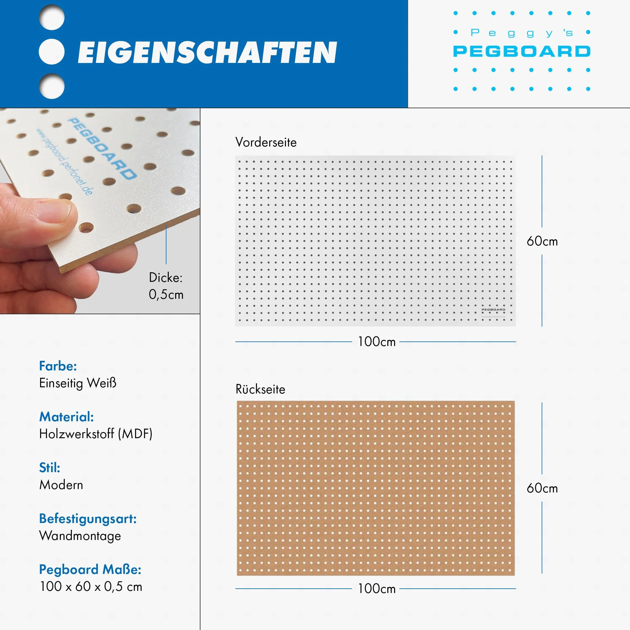 Pegboard MIDI 1 sztuka ściany narzędziowej z drewna (MDF) 100 x 60 x 0,5 cm – otwór Ø 7 mm odstęp między otworami 25,4 mm – lakierowana na biało – Made in Germany